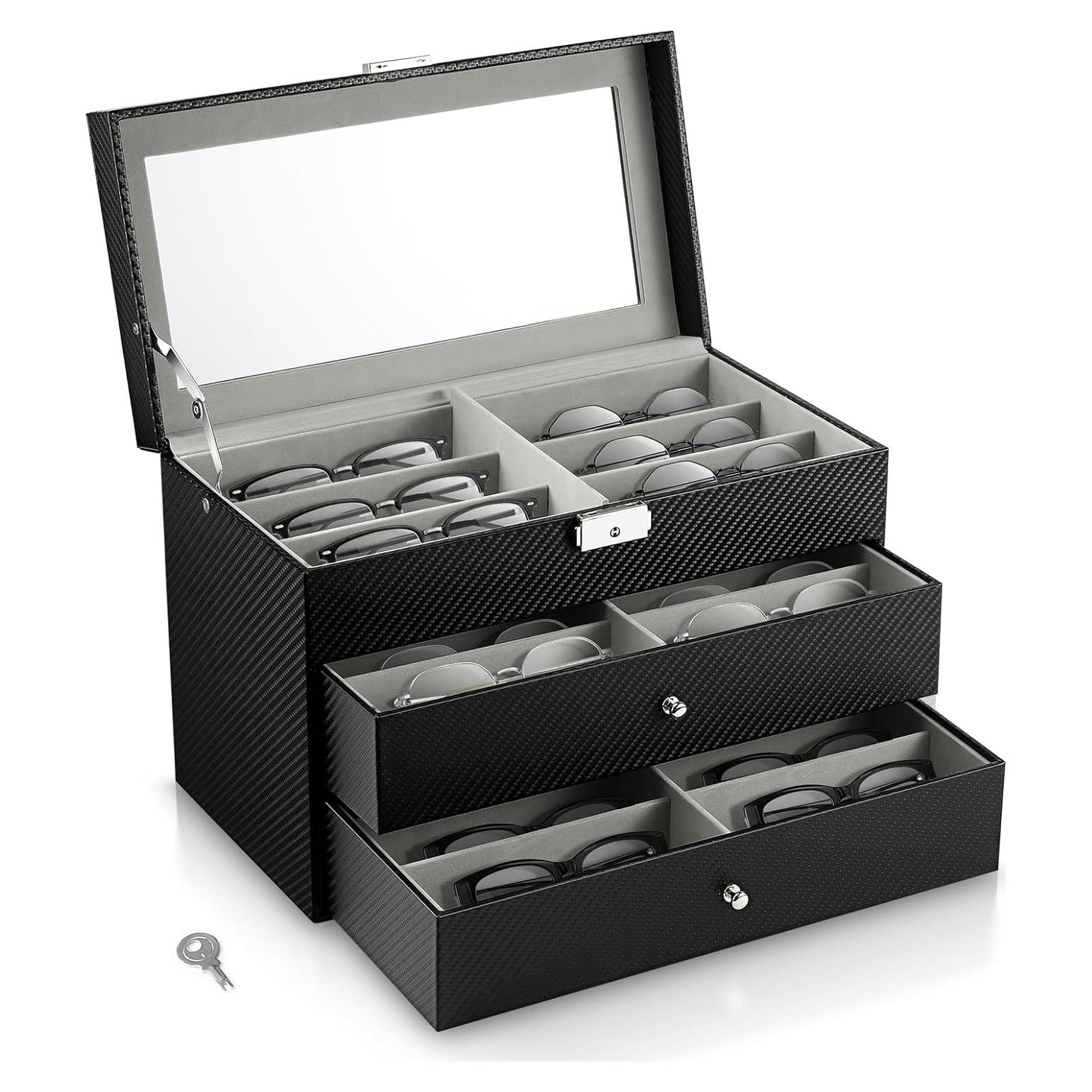 Organizador de Gafas MoKo de Cuero con Tapa de Vidrio 18 Ranuras