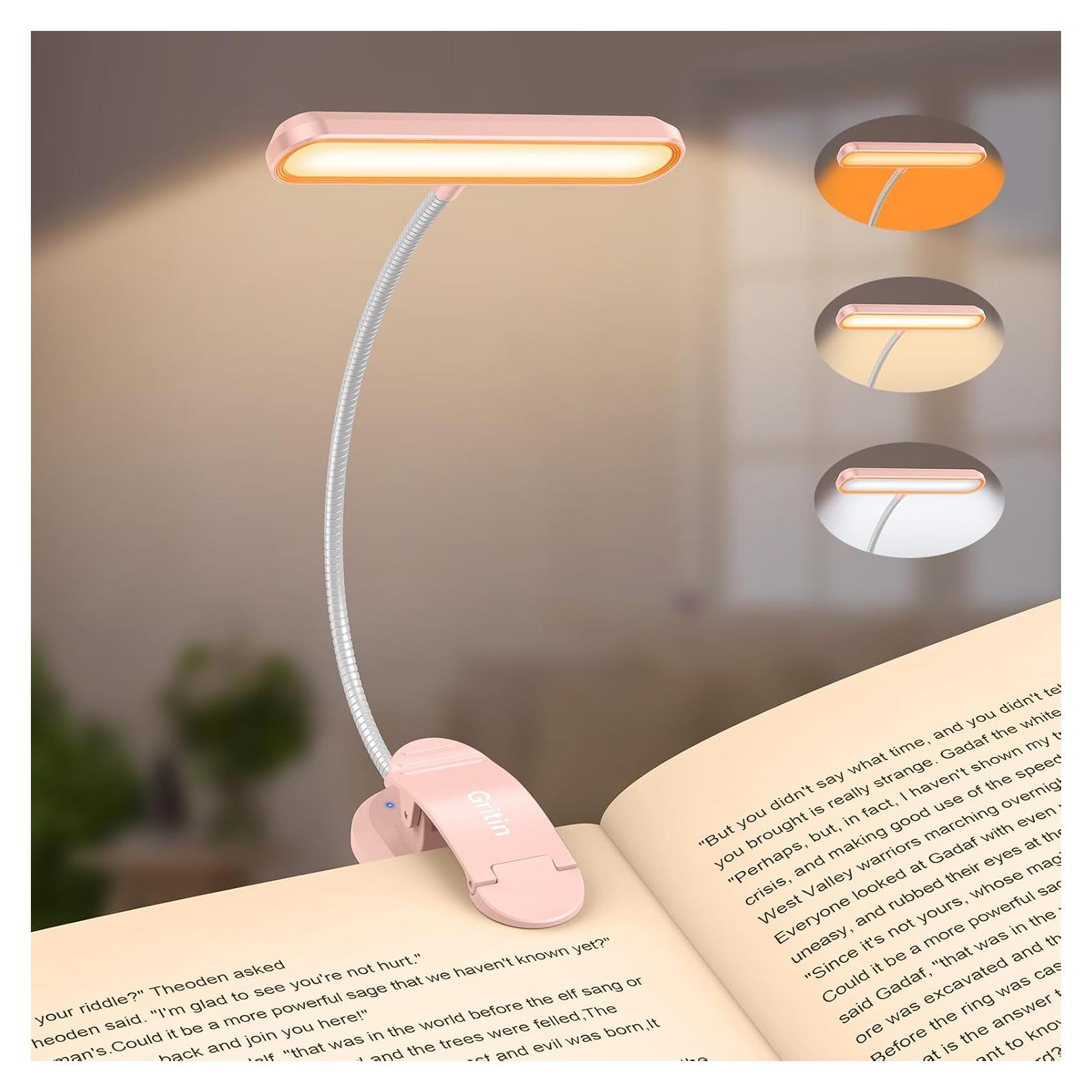 Luz de Libro Recargable Gritin Rosa con 19 LED y 3 Colores