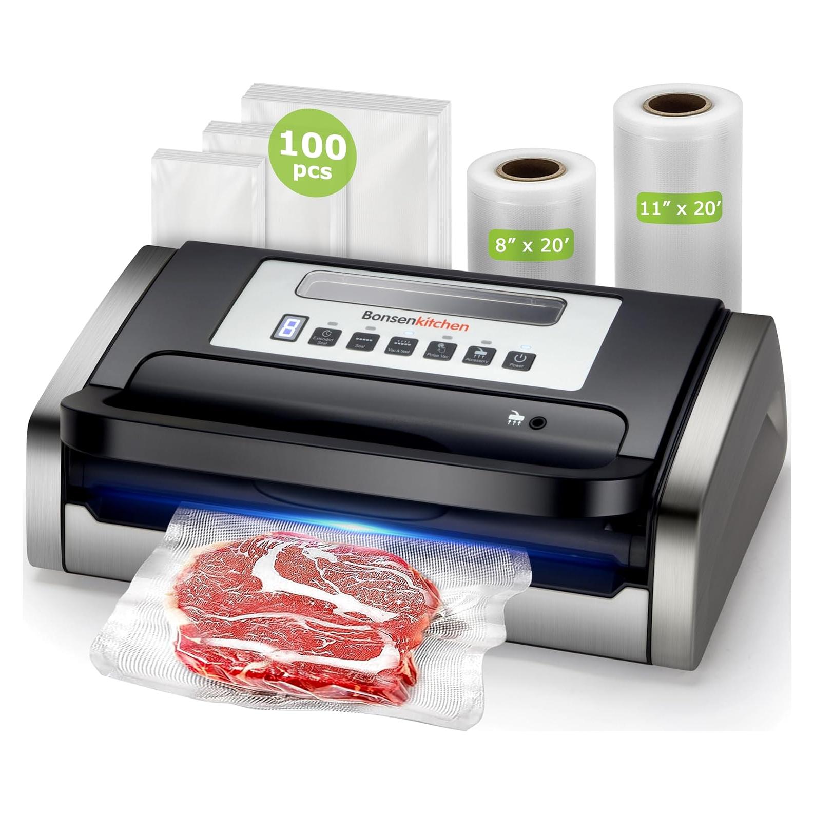 Selladora al Vacío Bonsenkitchen VS4100-T, 135W, 2 Rollos + 100 Bolsas