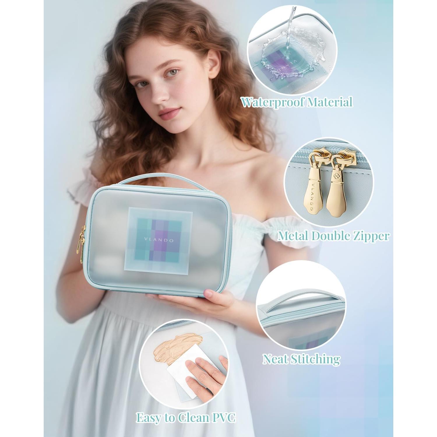 Bolsa de Maquillaje de Viaje VLANDO Transparente Azul 20.8x6.9x15.5cm