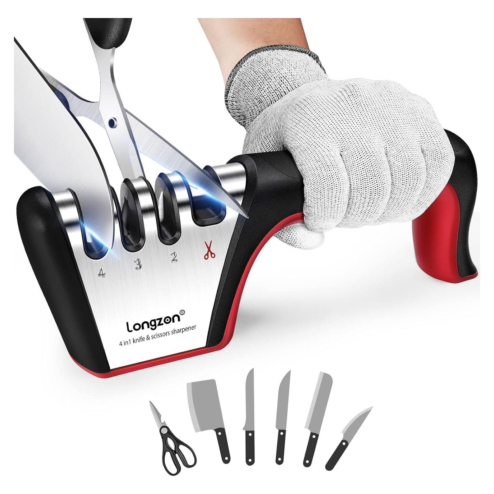 Afilador de Cuchillos 4 en 1 Longzon con Guante Resistente
