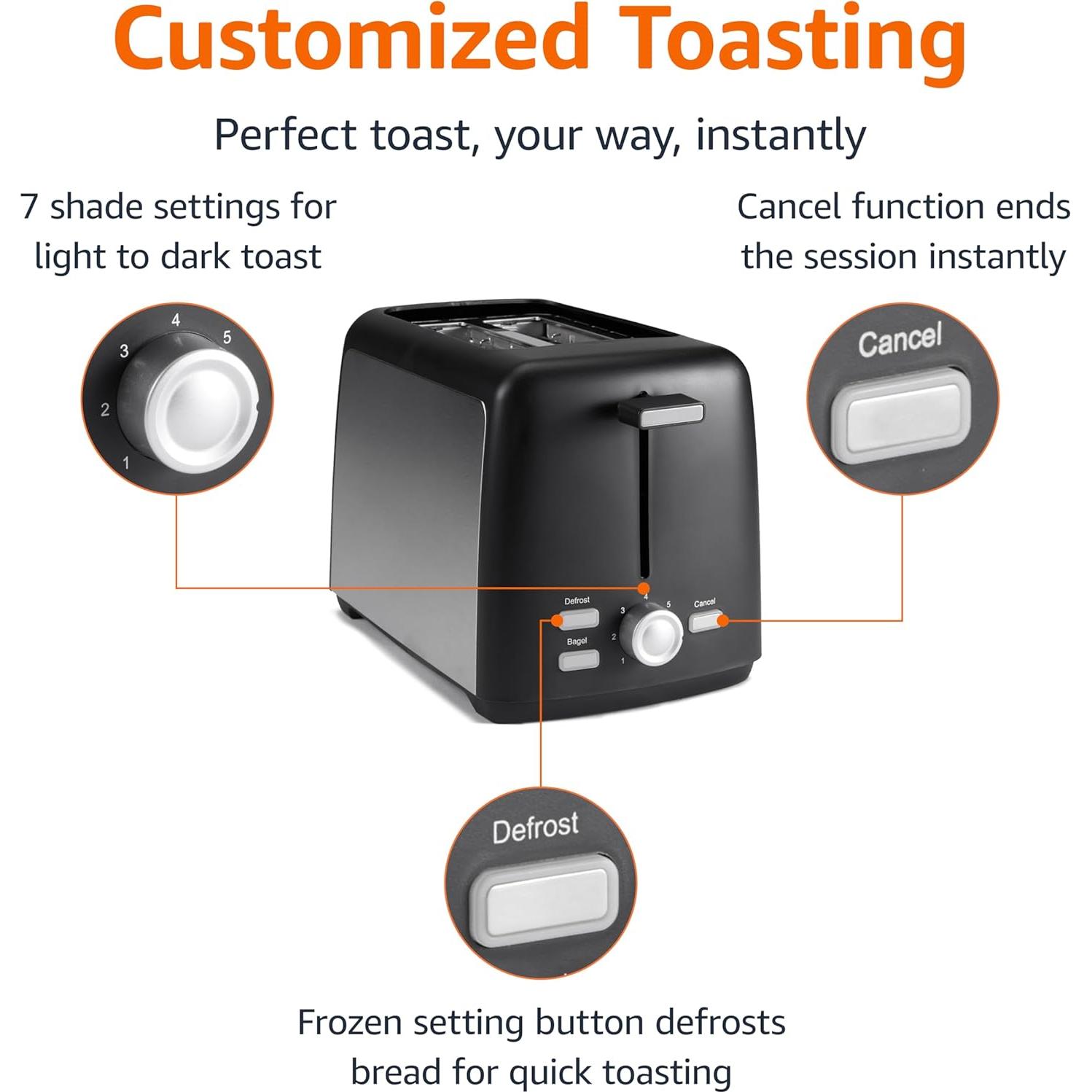 Tostadora 2 Rebanadas Amazon Basics 800W Negro y Plata