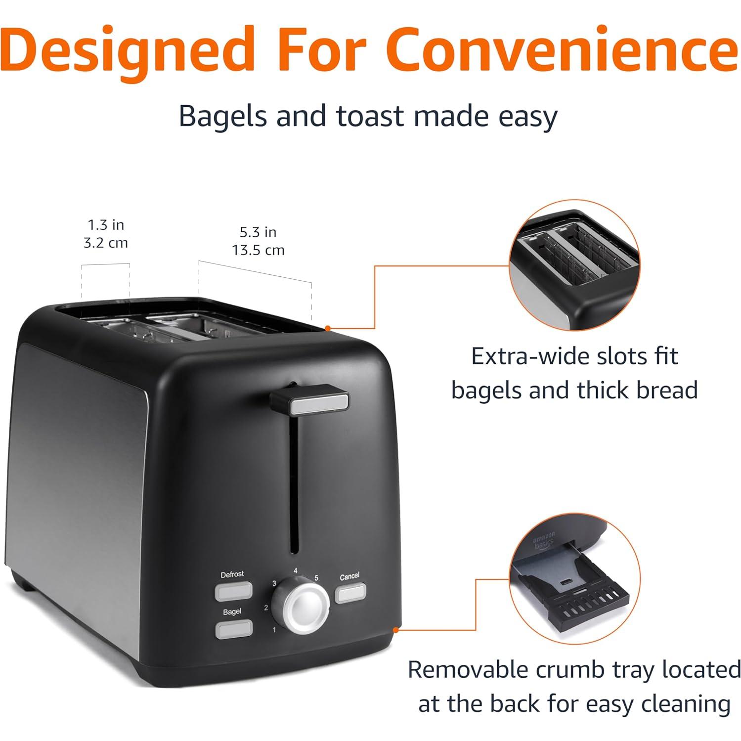 Tostadora 2 Rebanadas Amazon Basics 800W Negro y Plata