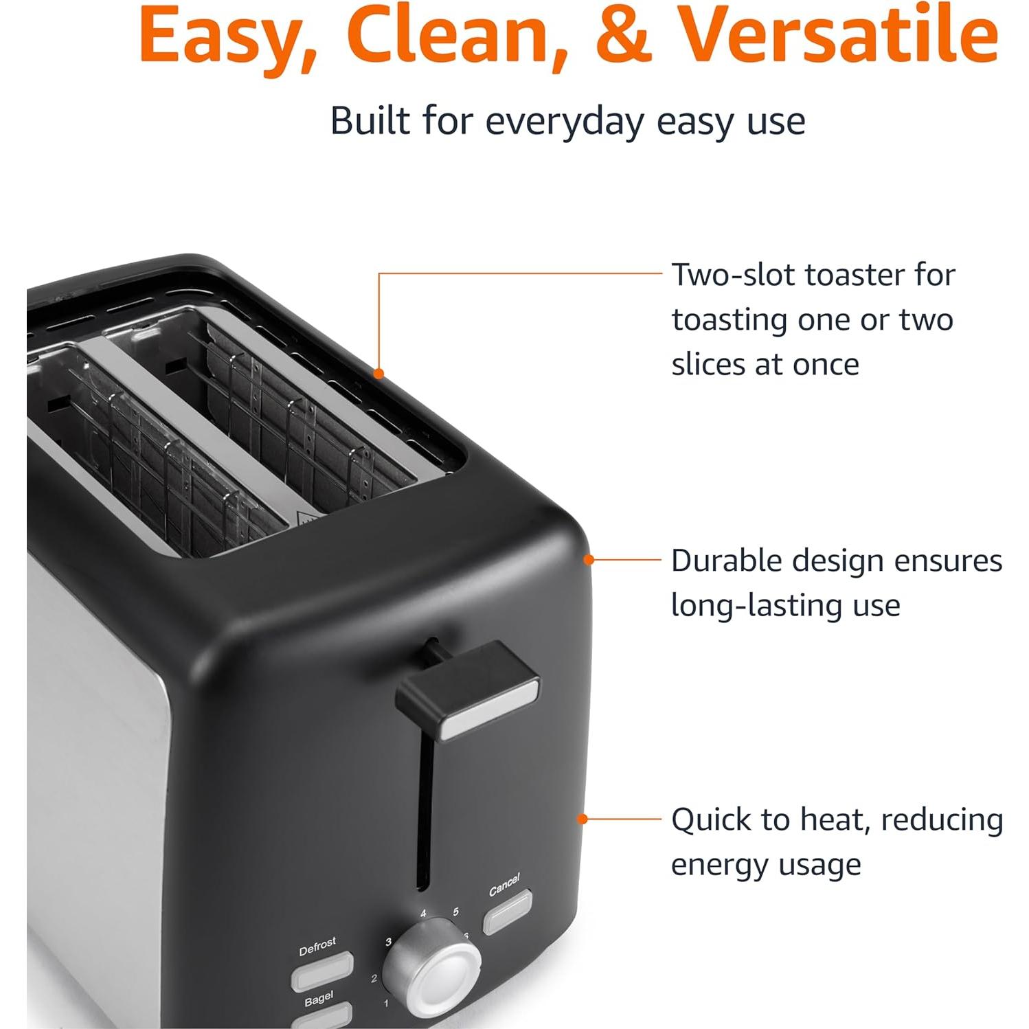 Tostadora 2 Rebanadas Amazon Basics 800W Negro y Plata