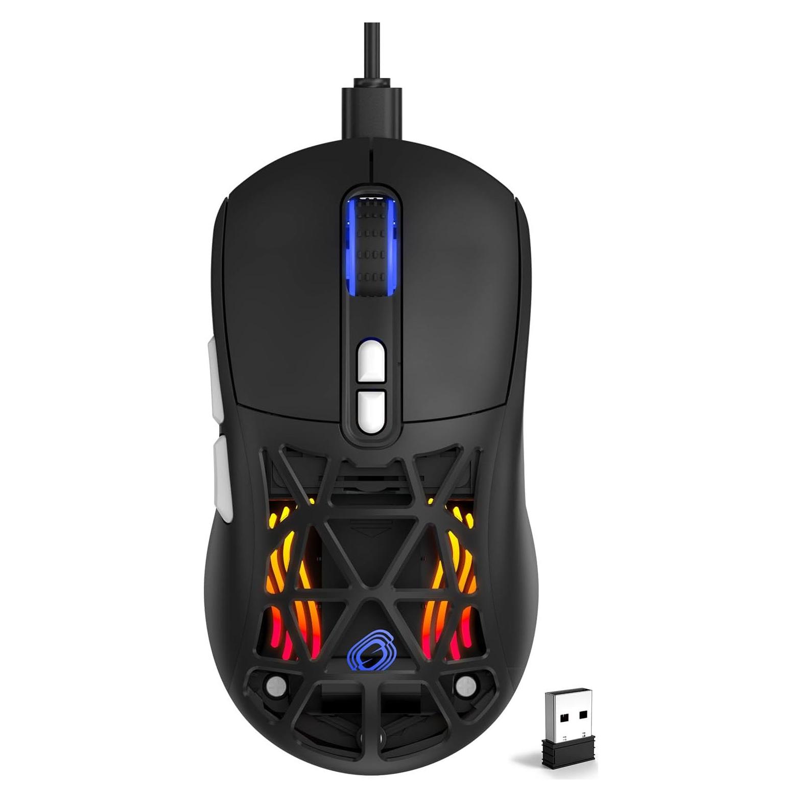 Wireless Gaming Mouse,53g Lightweight Mouse,10000 DPI,Tri-mode Wired/BT 5.0/2.4GHz Wireless Gaming Rechargeable&Rechange Shell with 2 Side Buttons, RGB Programmable Macro Mouse (Black-White)