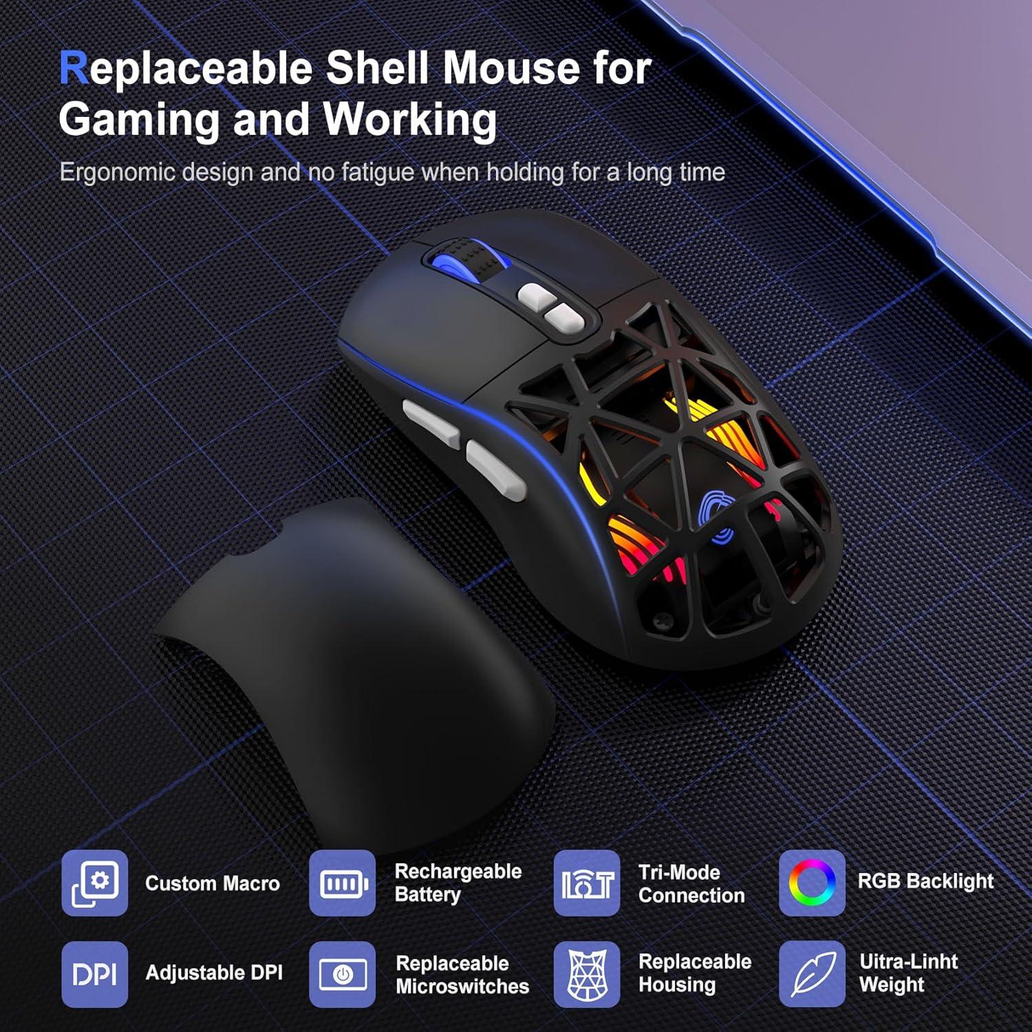 Wireless Gaming Mouse,53g Lightweight Mouse,10000 DPI,Tri-mode Wired/BT 5.0/2.4GHz Wireless Gaming Rechargeable&Rechange Shell with 2 Side Buttons, RGB Programmable Macro Mouse (Black-White)