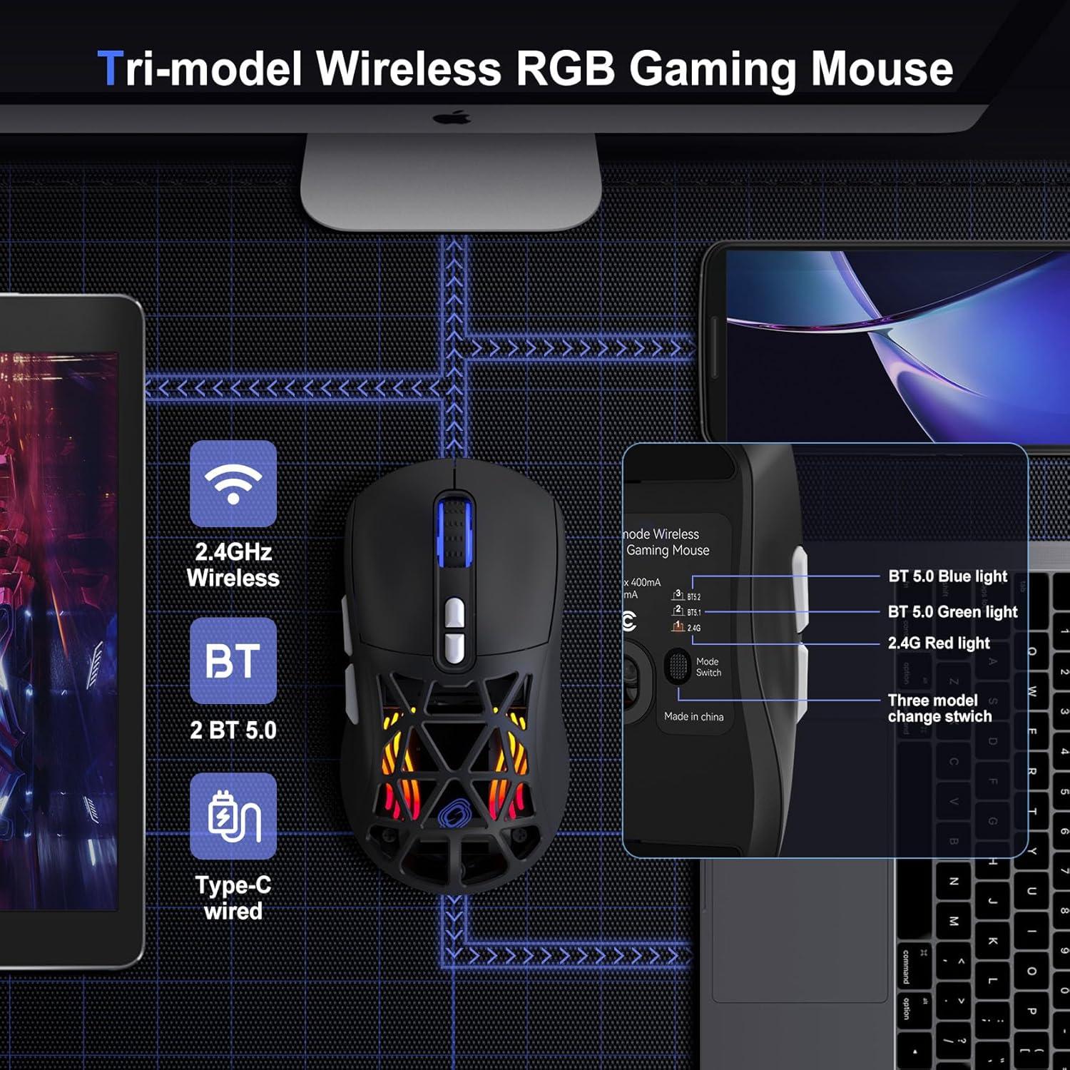 Wireless Gaming Mouse,53g Lightweight Mouse,10000 DPI,Tri-mode Wired/BT 5.0/2.4GHz Wireless Gaming Rechargeable&Rechange Shell with 2 Side Buttons, RGB Programmable Macro Mouse (Black-White)