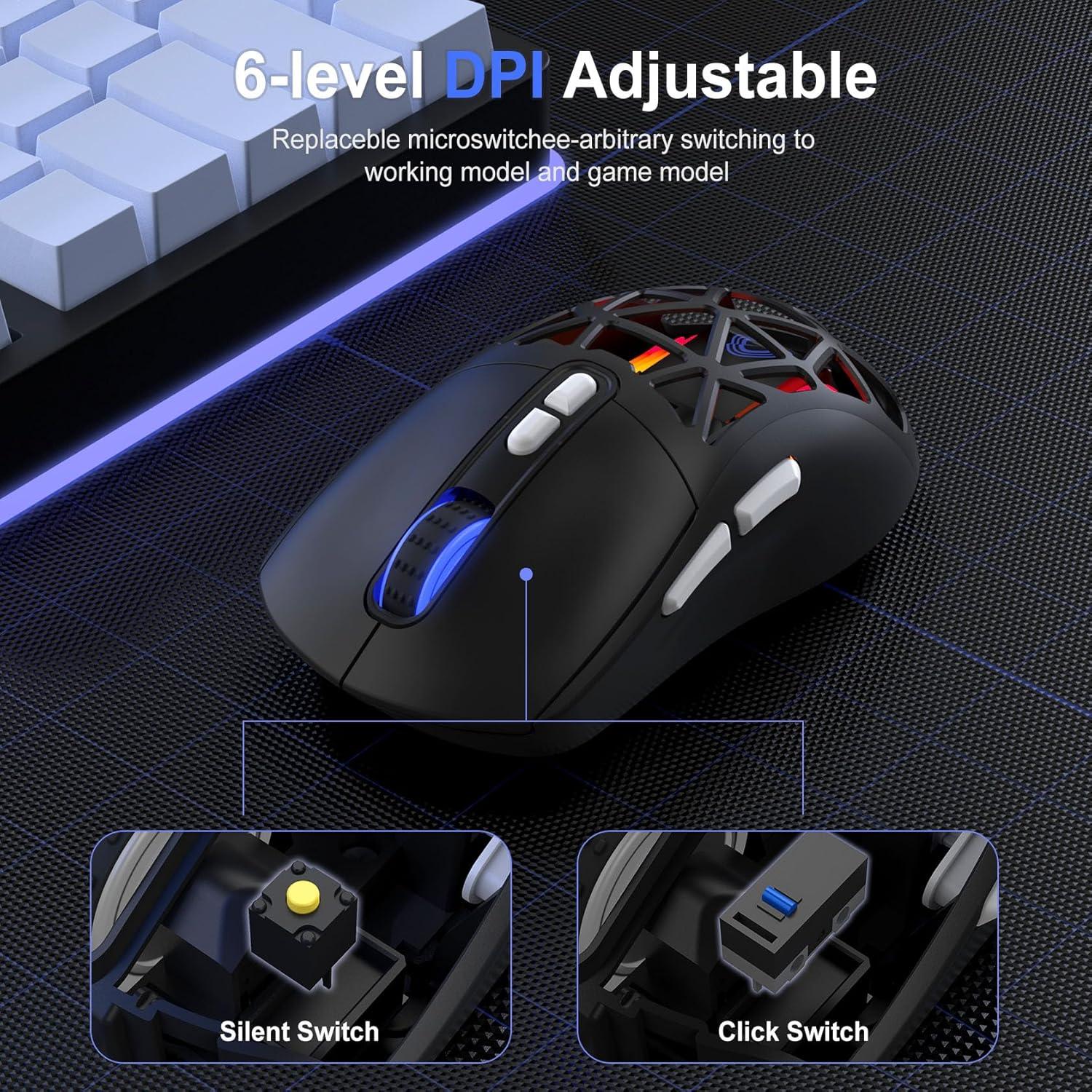 Wireless Gaming Mouse,53g Lightweight Mouse,10000 DPI,Tri-mode Wired/BT 5.0/2.4GHz Wireless Gaming Rechargeable&Rechange Shell with 2 Side Buttons, RGB Programmable Macro Mouse (Black-White)