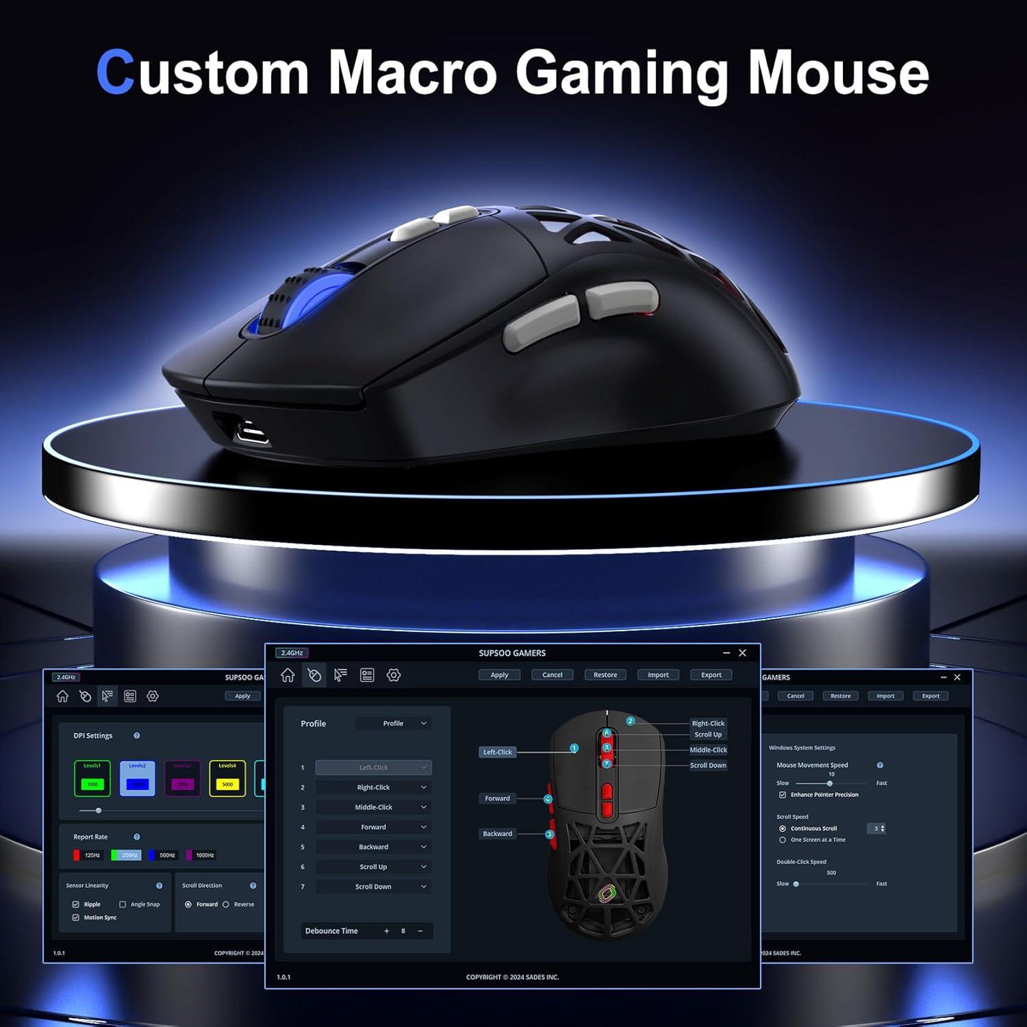 Wireless Gaming Mouse,53g Lightweight Mouse,10000 DPI,Tri-mode Wired/BT 5.0/2.4GHz Wireless Gaming Rechargeable&Rechange Shell with 2 Side Buttons, RGB Programmable Macro Mouse (Black-White)