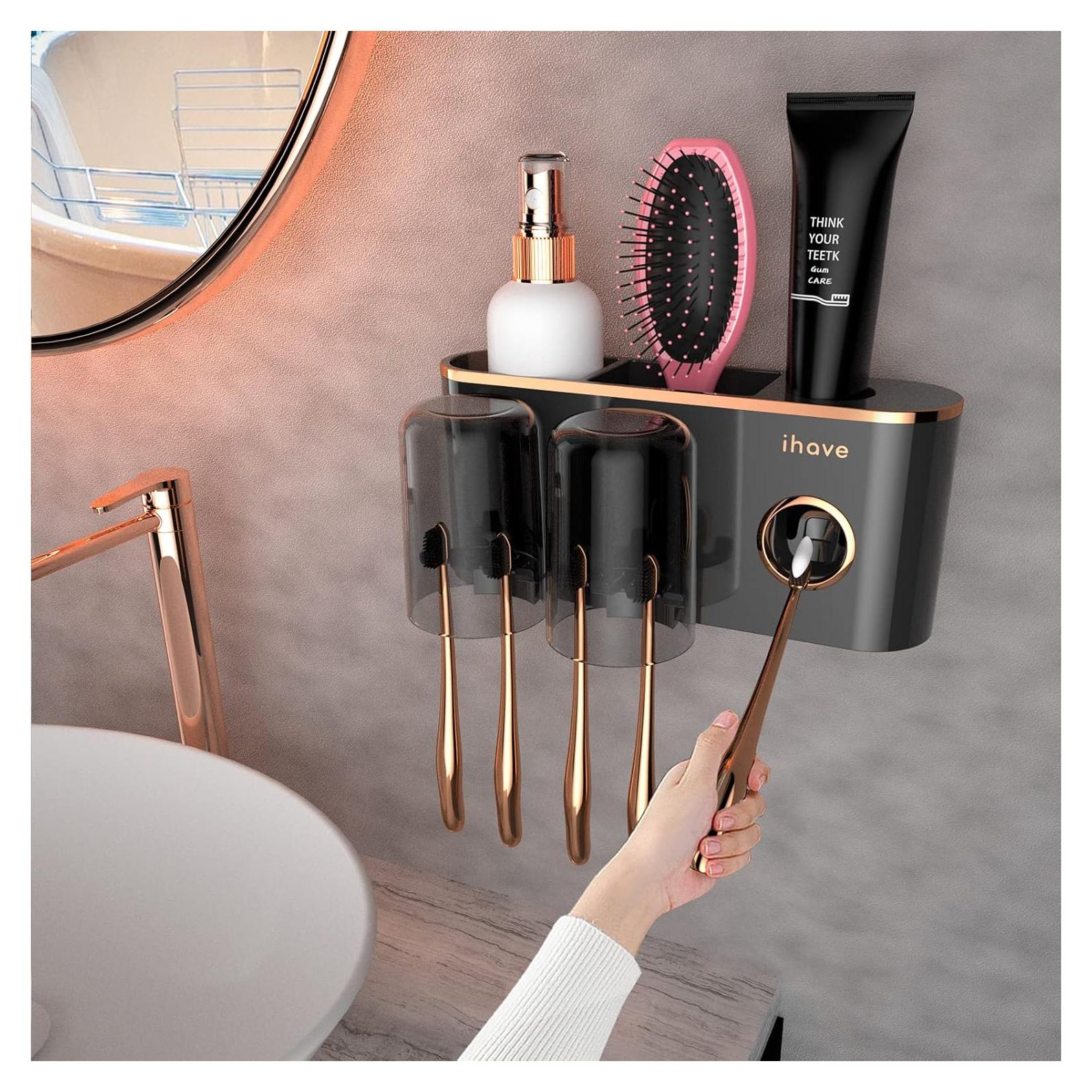 Soporte para Cepillos de Dientes iHave Negro 2 Tazas Montado en Pared