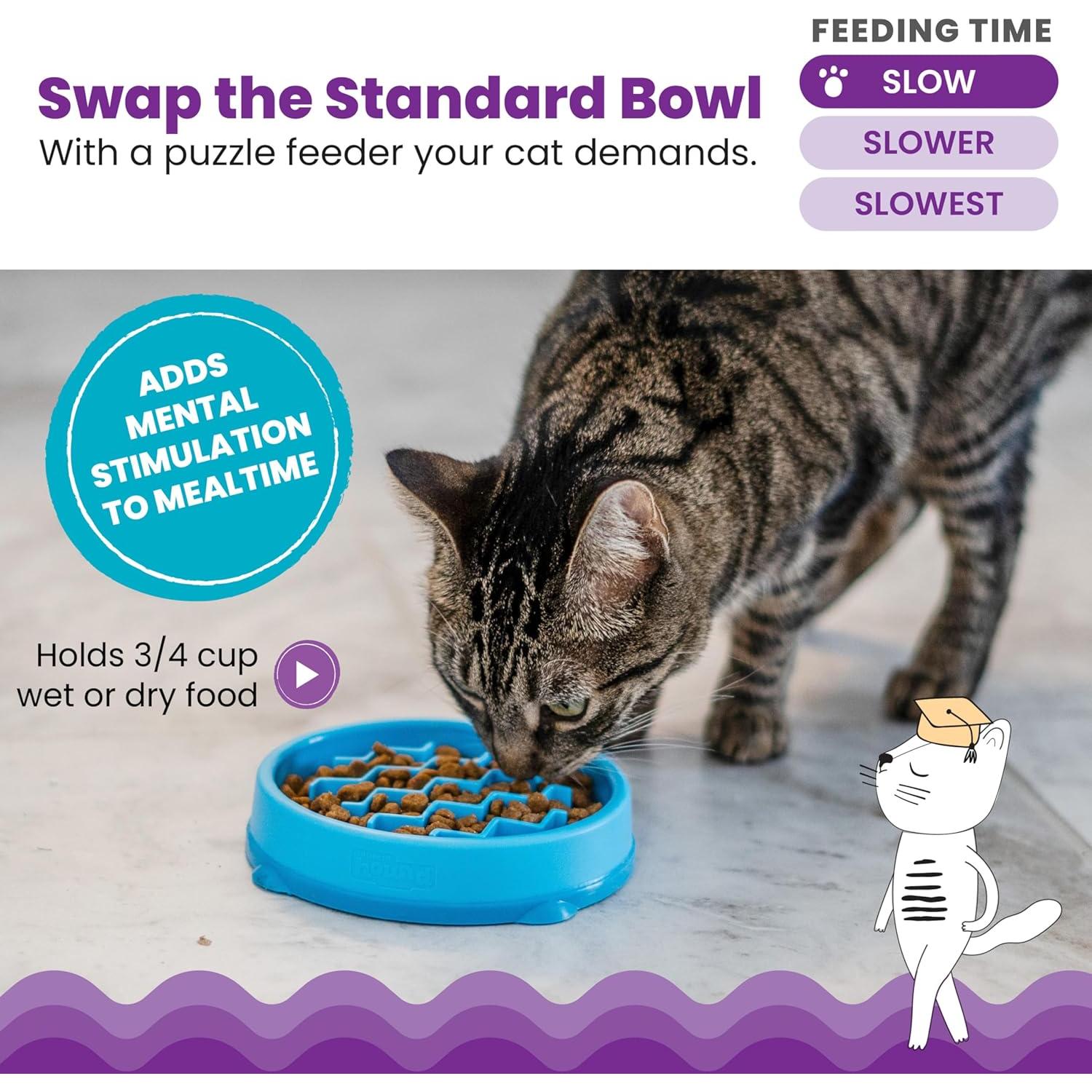 Tazón de Alimentación Lenta para Gatos Outward Hound Azul