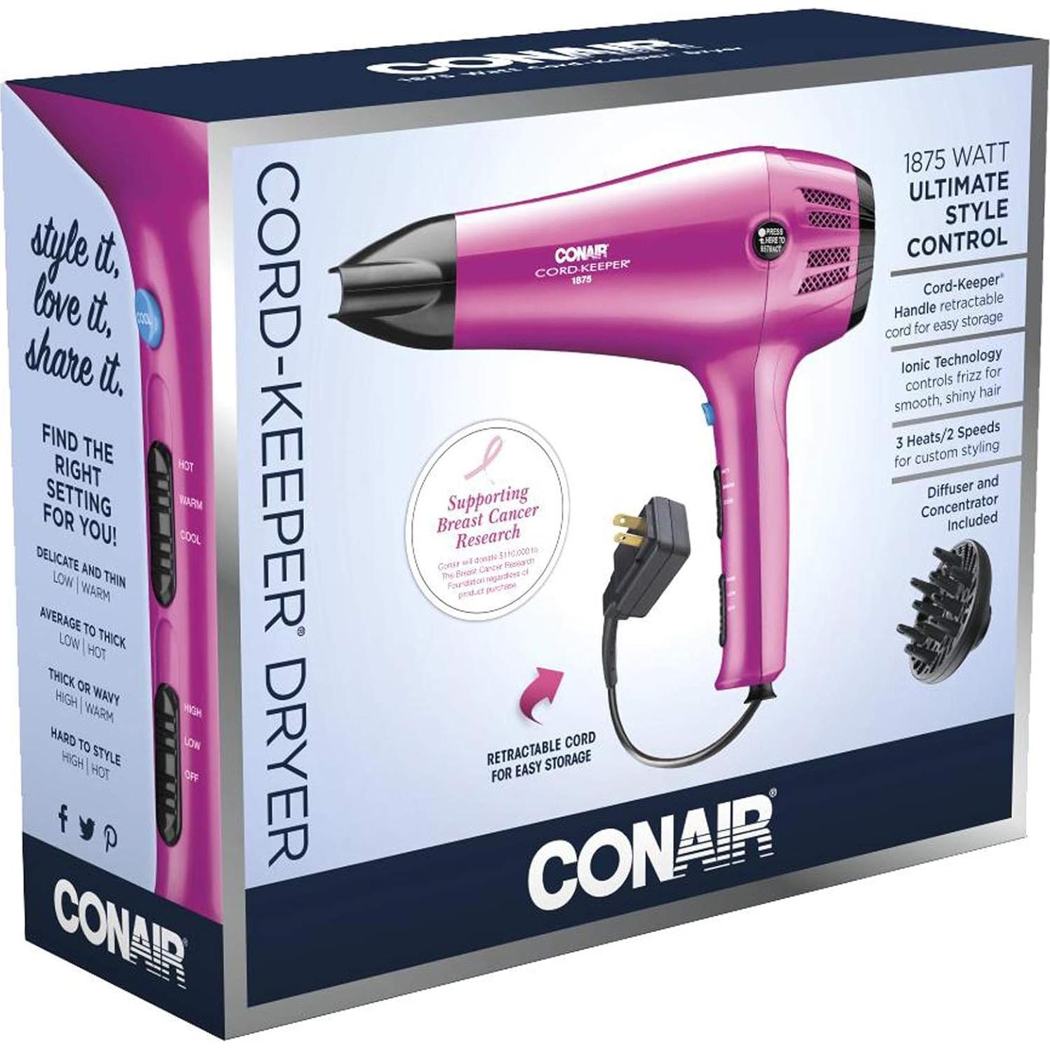 Secador de Pelo Conair Cord-Keeper 1875W Rosa con Cable Retráctil