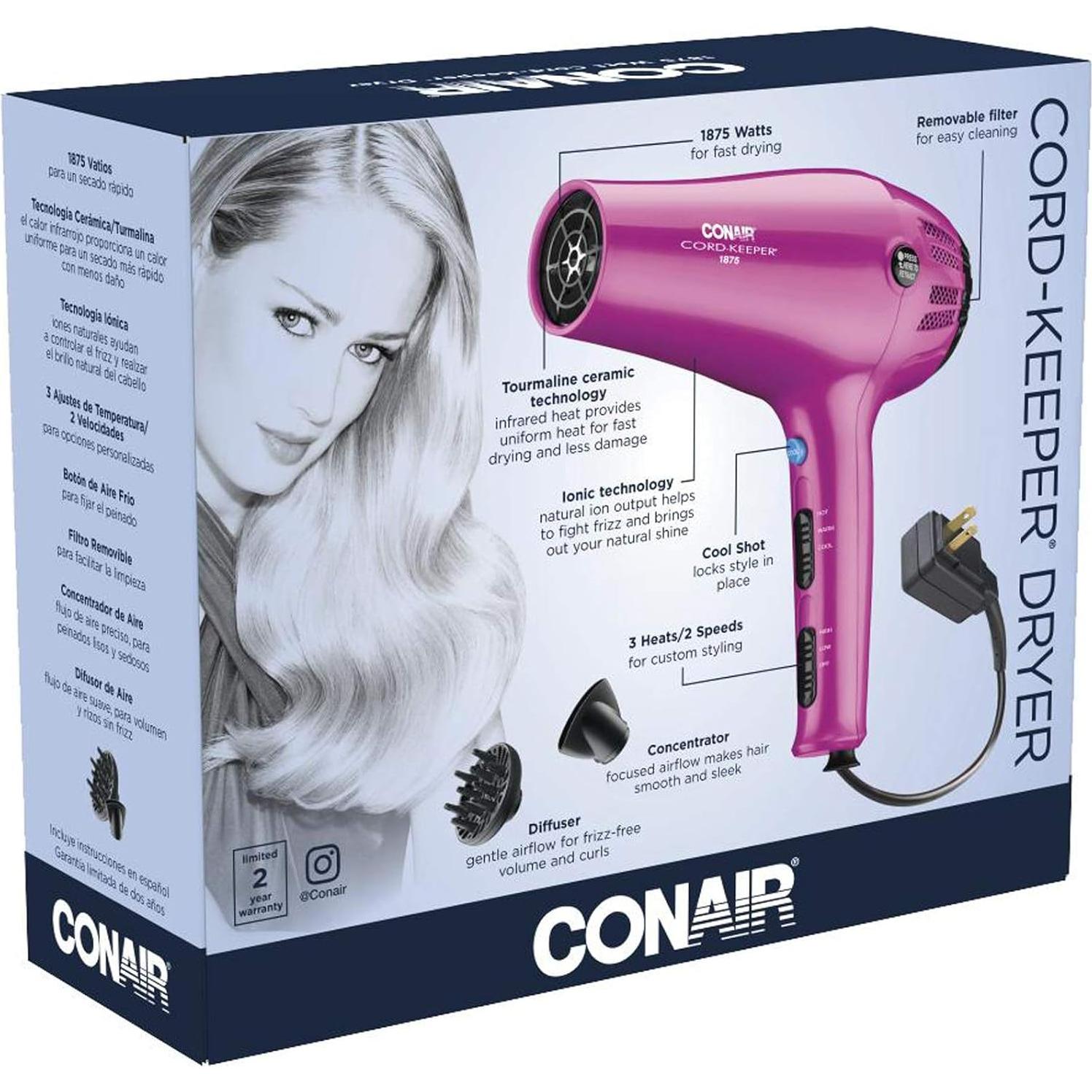 Secador de Pelo Conair Cord-Keeper 1875W Rosa con Cable Retráctil