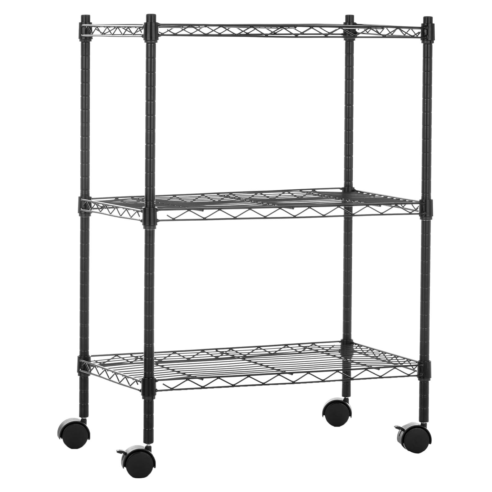 Amazon Basics 3-Shelf Adjustable, Heavy Duty Storage Shelving Unit on 2'' PP Plastic Wheel Casters, Metal Organizer Wire Rack, 23.2" L x 13.4" W x 32.75" H, Black