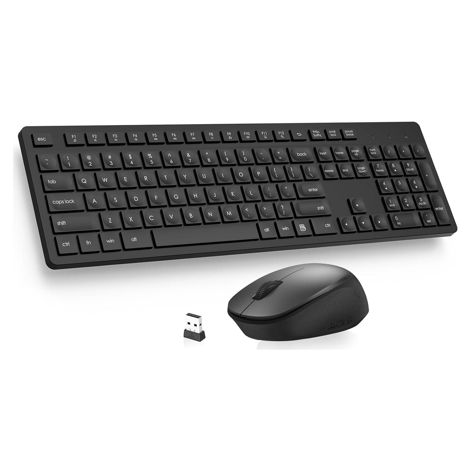 LeadsaiL Wireless Keyboard and Mouse Combo, Full-Sized Ergonomic Computer Keyboard, 2.4GHz Cordless Keyboard Silent Mouse Set with 2-in-1 USB Receiver, 12 FN Shortcuts for Windows Laptop, PC/Mac-Black