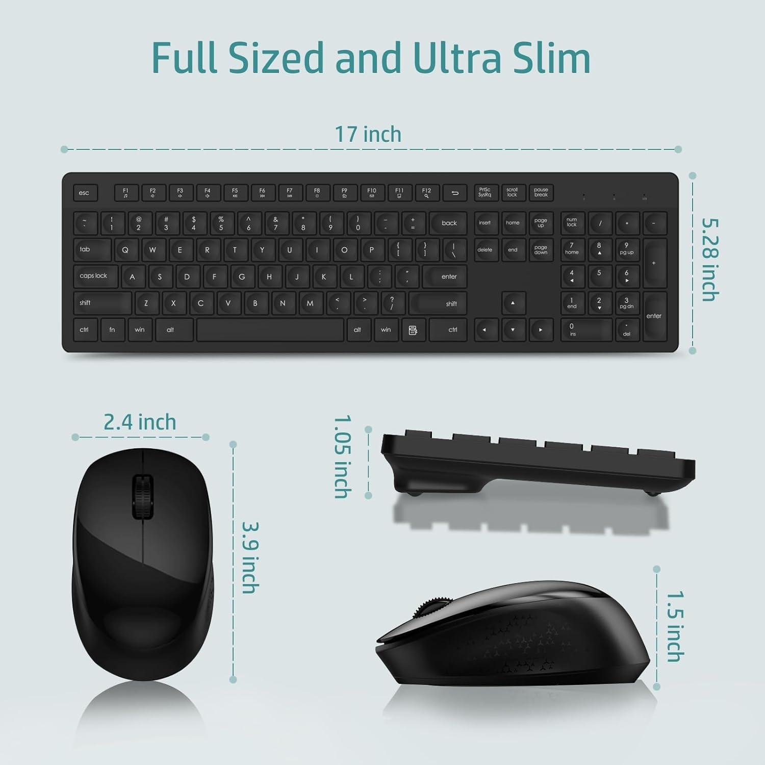 LeadsaiL Wireless Keyboard and Mouse Combo, Full-Sized Ergonomic Computer Keyboard, 2.4GHz Cordless Keyboard Silent Mouse Set with 2-in-1 USB Receiver, 12 FN Shortcuts for Windows Laptop, PC/Mac-Black