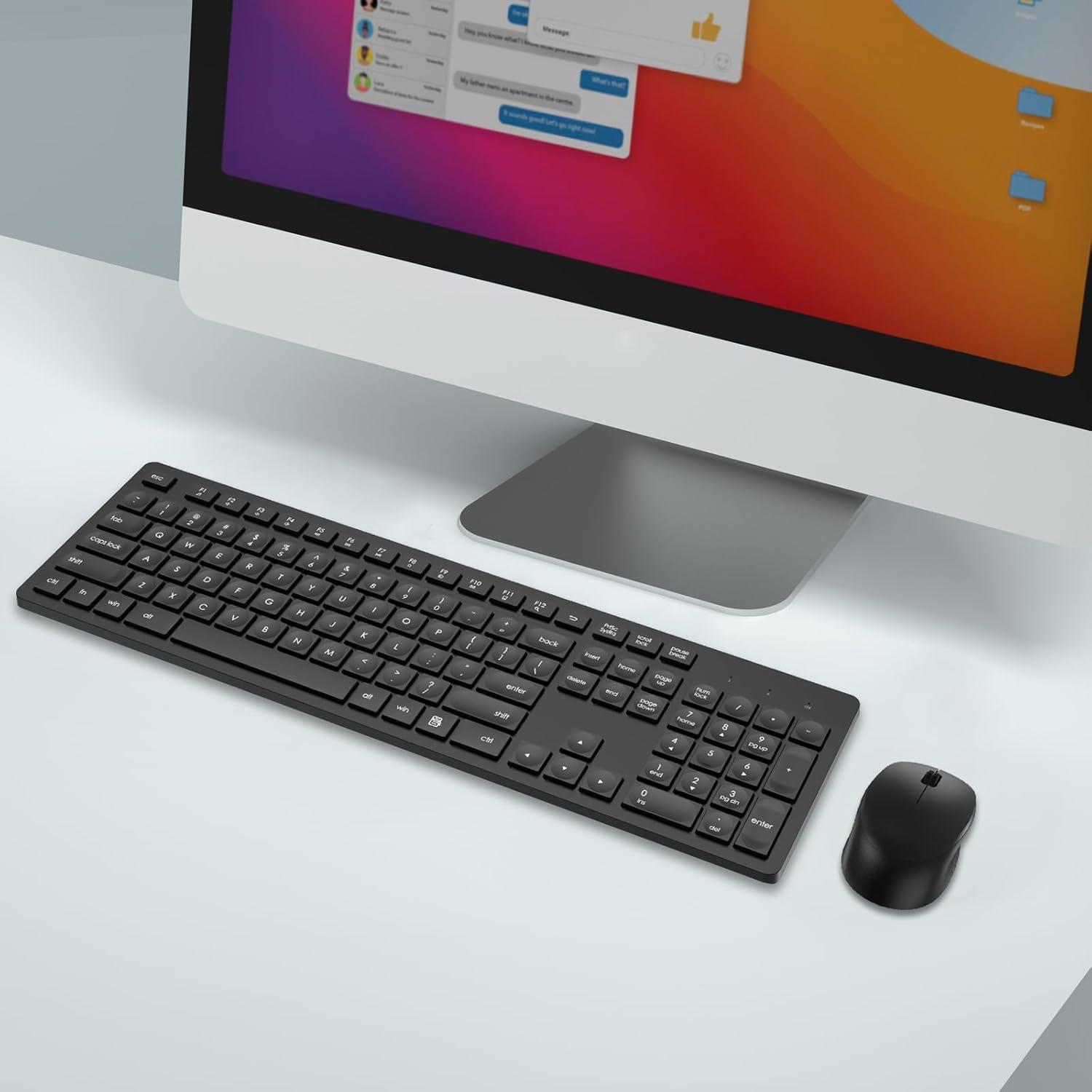 LeadsaiL Wireless Keyboard and Mouse Combo, Full-Sized Ergonomic Computer Keyboard, 2.4GHz Cordless Keyboard Silent Mouse Set with 2-in-1 USB Receiver, 12 FN Shortcuts for Windows Laptop, PC/Mac-Black