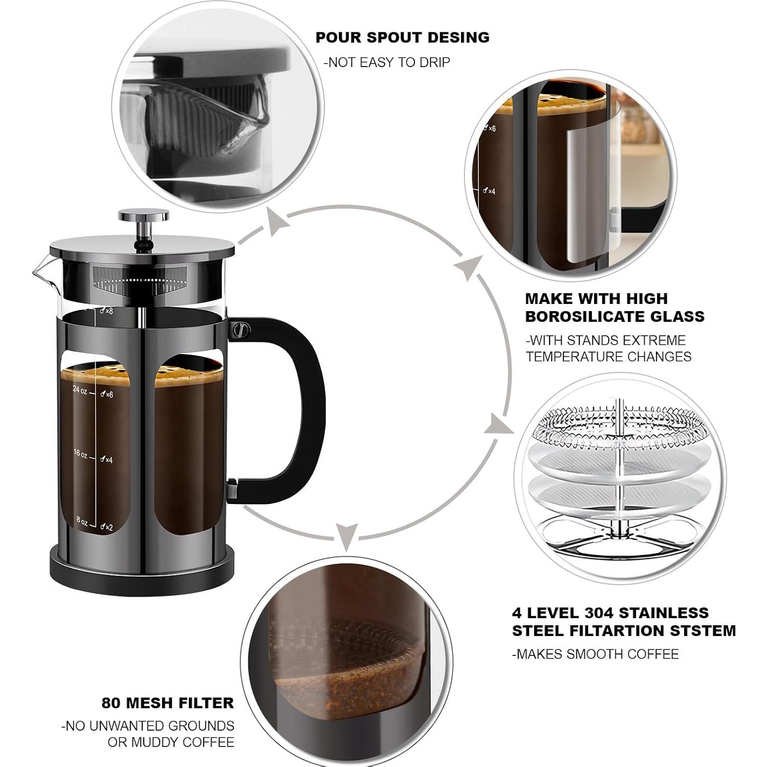 Prensa Francesa YMMIND 1000ml 5-6 Tazas Vidrio Borosilicato