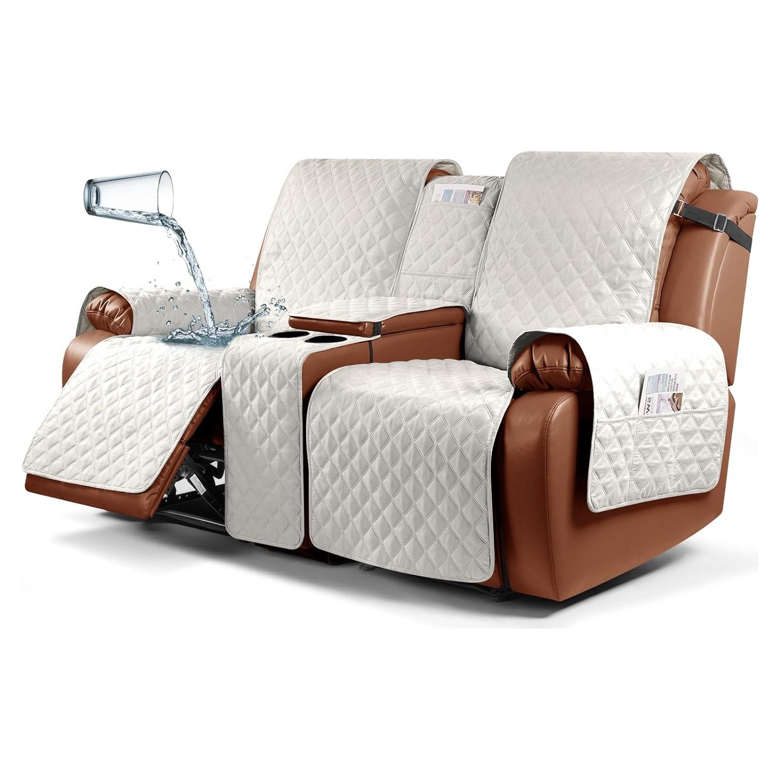 Ruaozz Waterproof Recliner Loveseat Cover with Console, Non-Slip Couch Cover Pet Cover for Double Recliner Split Sofa Cover with Elastic Straps for Kids, Dogs, Pets (Beige,2 Seater)