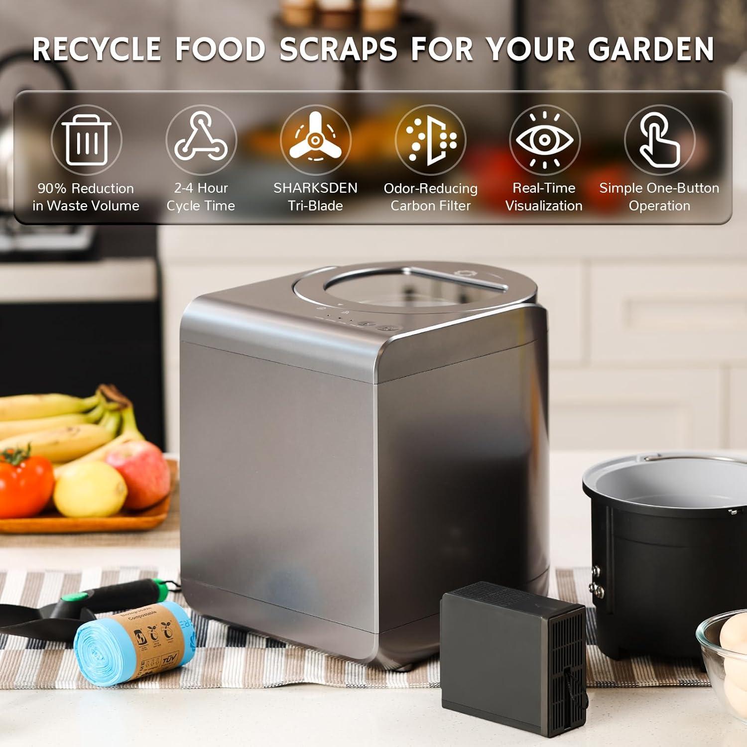 Airthereal Revive Electric Kitchen Composter with Visual Cover, Upgraded SHARKSDEN® Tri-Blade, Turn Food Waste and Scraps into Natural Fertilizer for Plants, R500-V, Grey