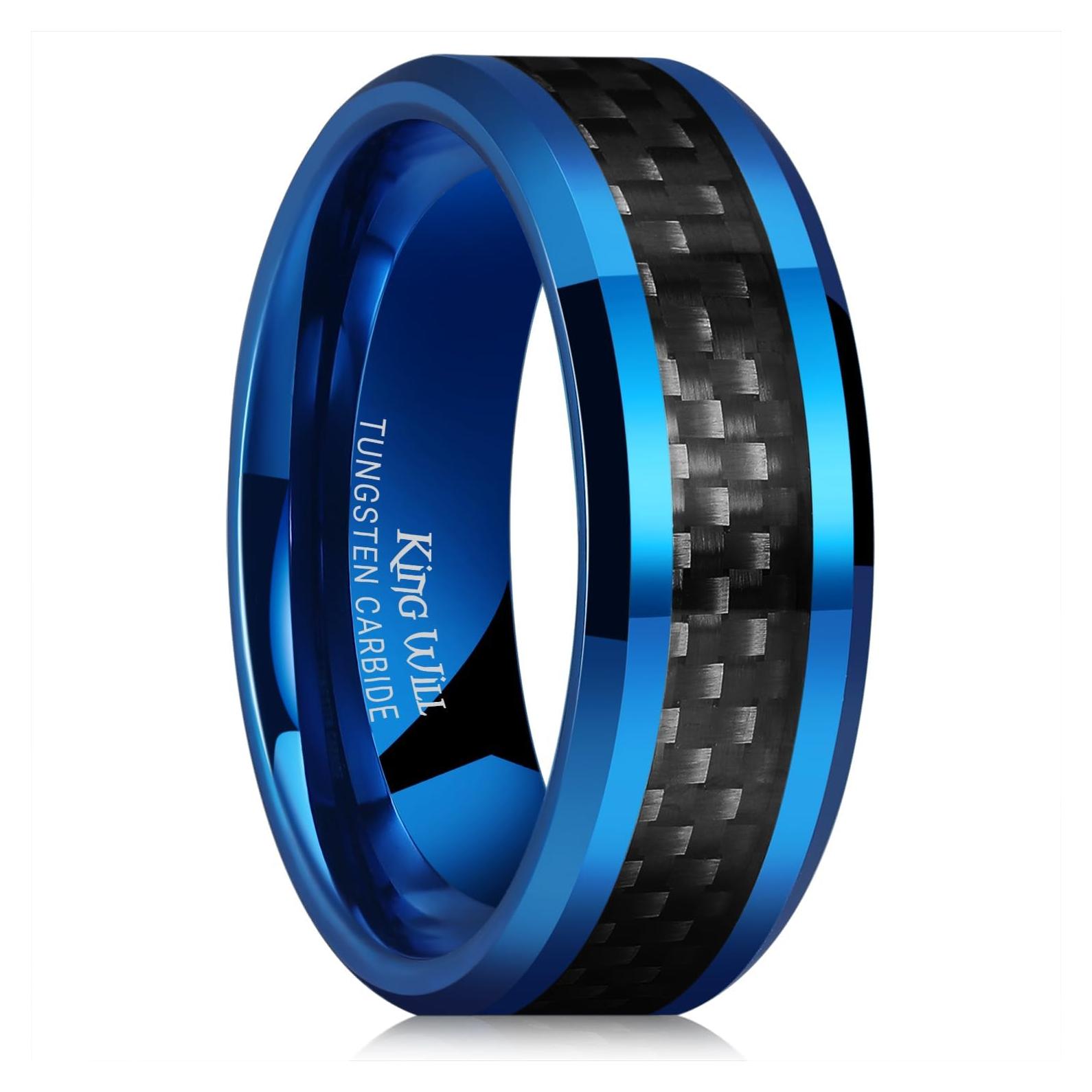 Anillo de Boda King Will 8 mm Carburo Tungsteno Fibra Azul