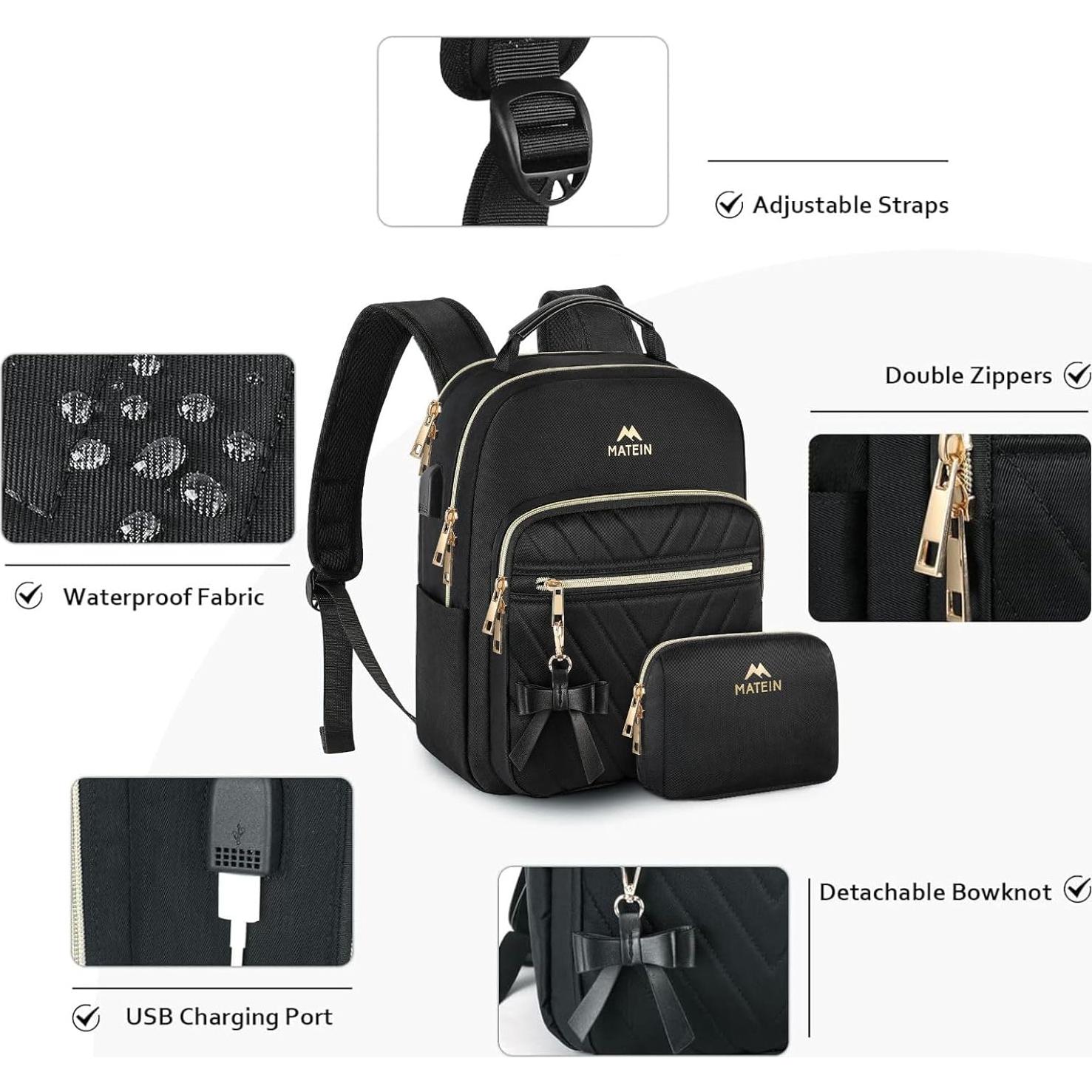 Mochila Impermeable MATEIN para Mujeres con Carga USB - Negra