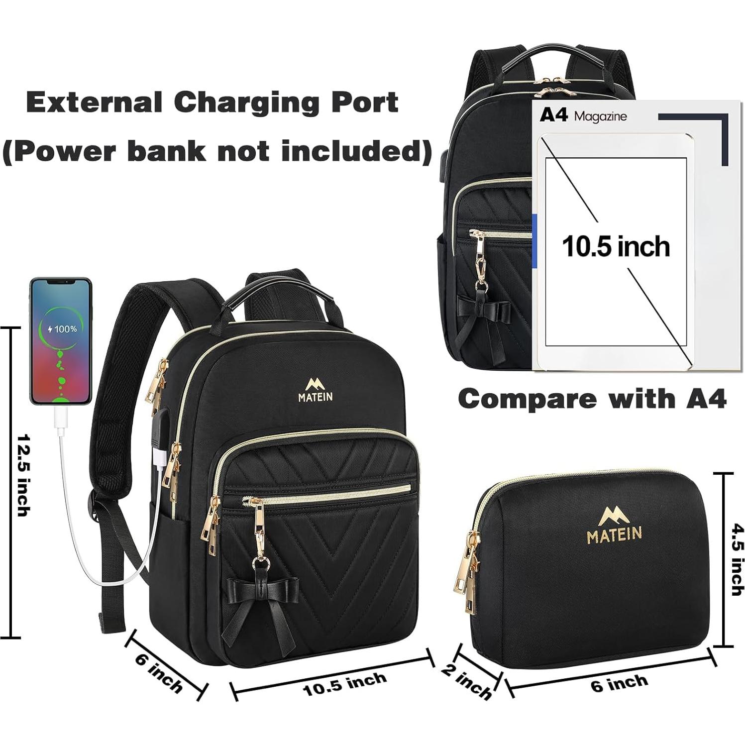 Mochila Impermeable MATEIN para Mujeres con Carga USB - Negra