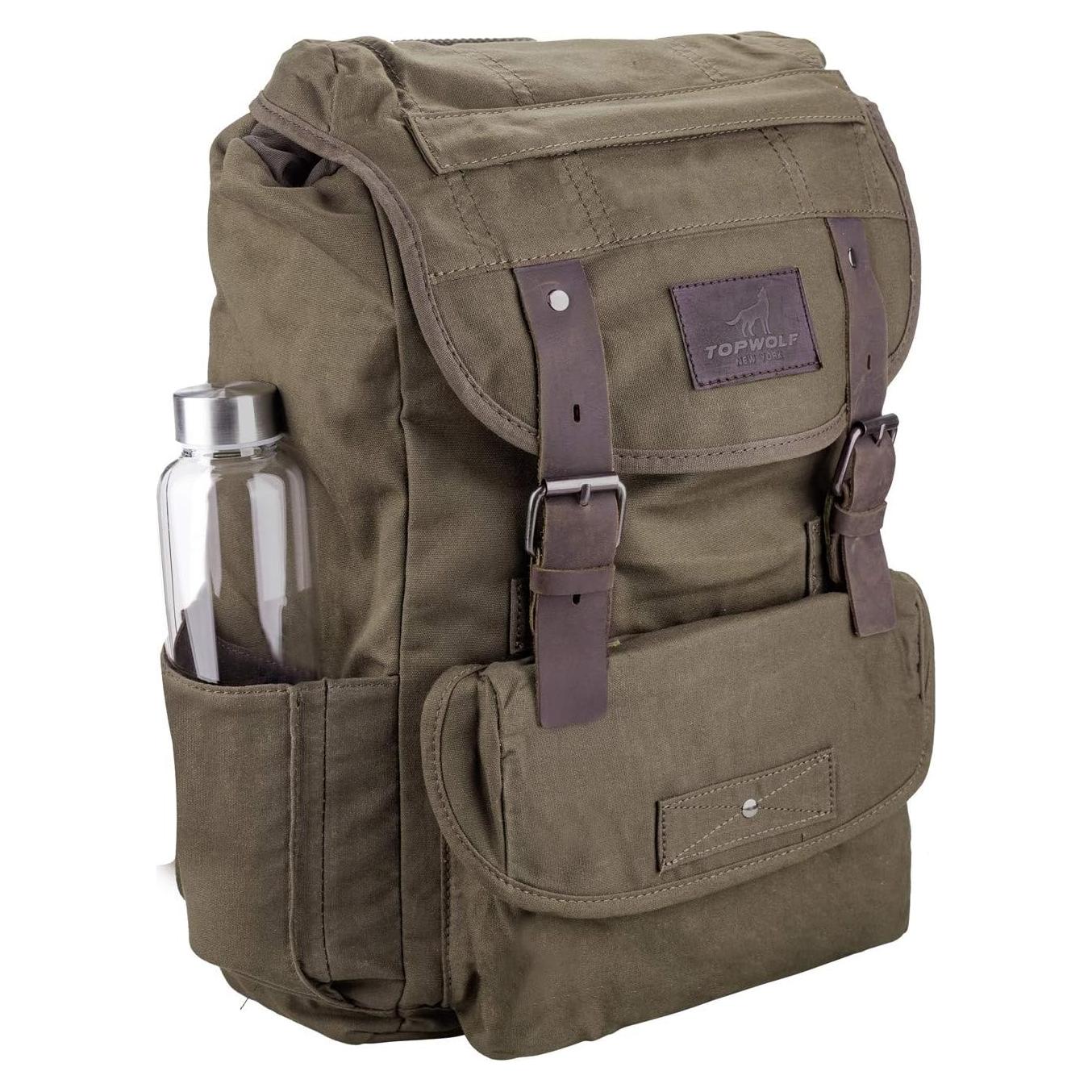 Mochila Impermeable Lona Verde Rucksack Cuero 41x30x15 cm