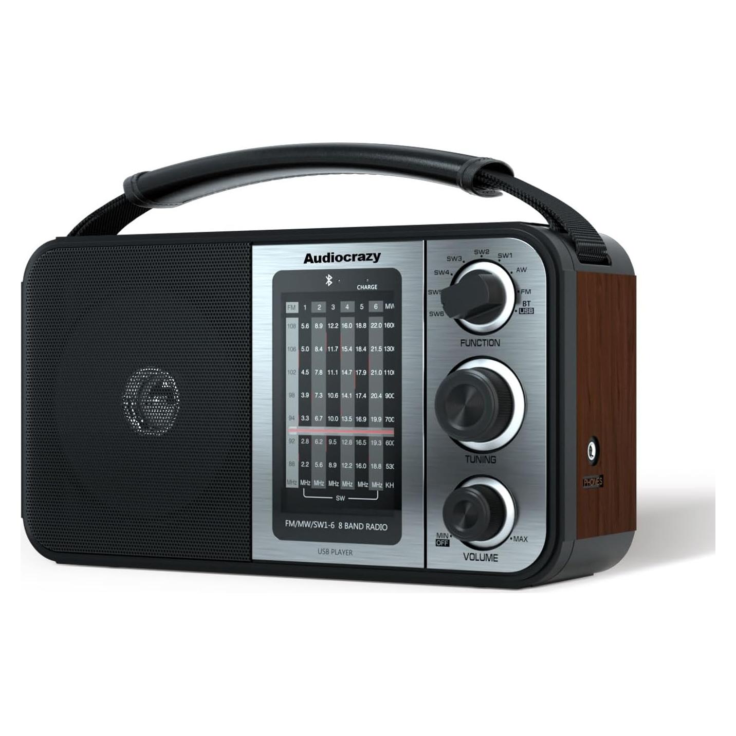 Radio portátil AM FM Audiocrazy con Bluetooth y ranura SD/USB