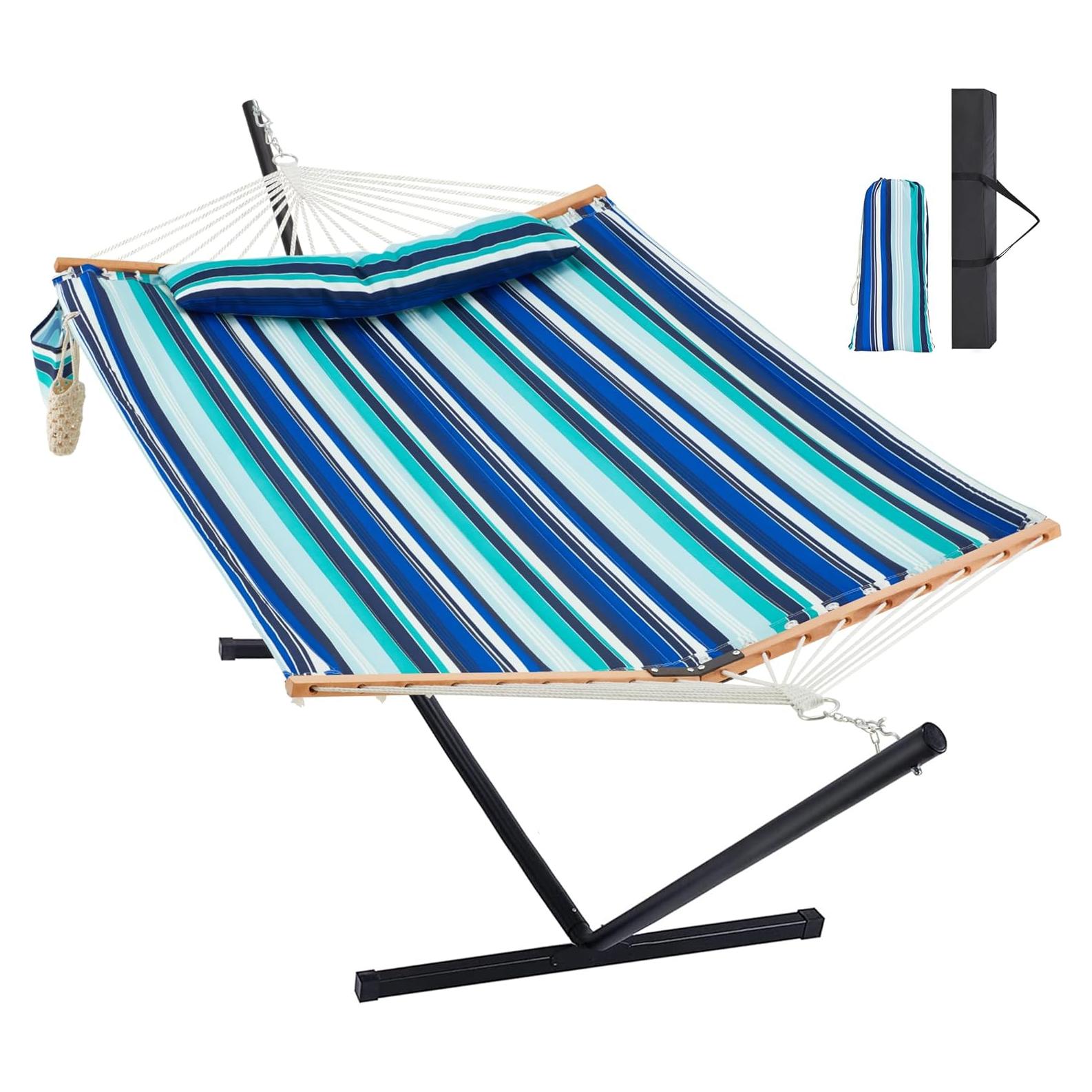 Hamaca Doble Homgava con Soporte Acero 217kg Rayas Azules