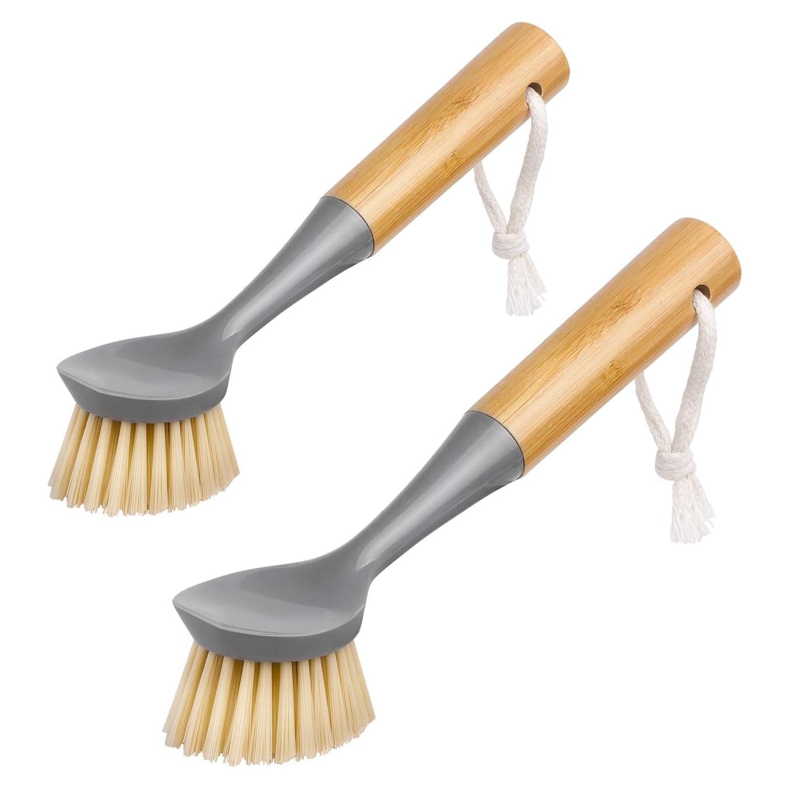 Cepillo para Platos MR.SIGA con Mango de Bambú y Raspador - Paquete de 2