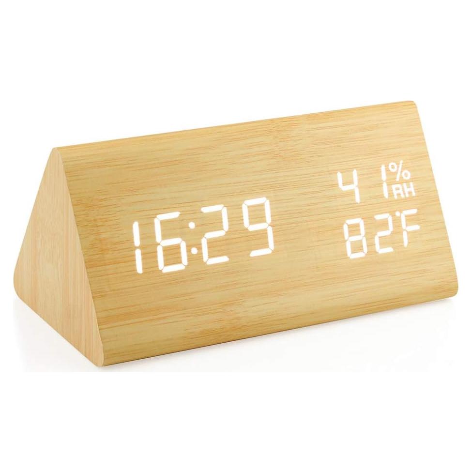Reloj Despertador Digital OCT17 de Madera Bambú con Control de Voz
