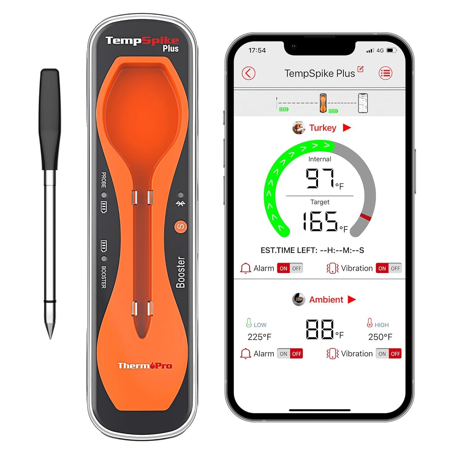 ThermoPro TempSpike Plus 600FT Wireless Meat Thermometer with Upgraded Ultra-Thin Probe, Bluetooth Meat Thermometer Wireless for Outside Grill, Smoker Thermometer for BBQ Oven Rotisserie Sous Vide