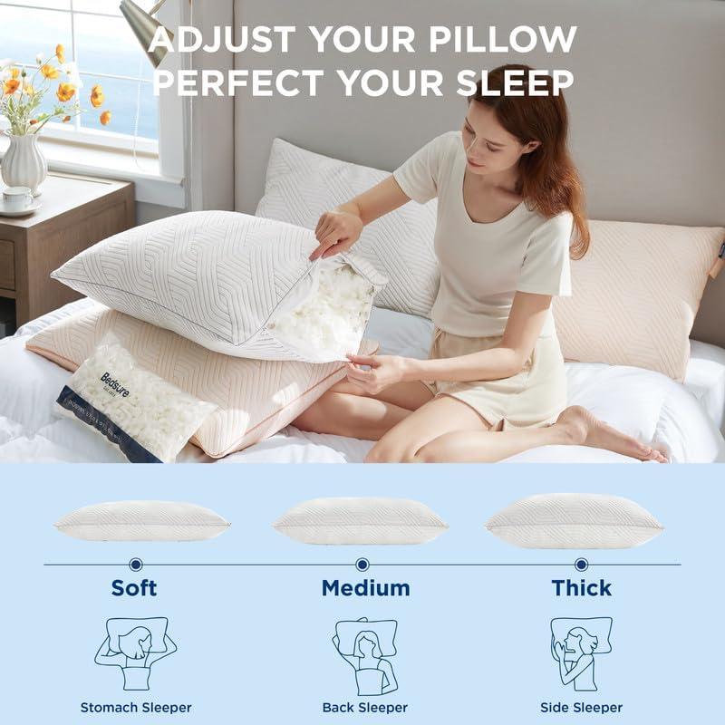 Bedsure Memory Foam Pillows Queen Size, Set of 2, Adjustable Firm Bed Pillows for Sleeping, Cooling Dual-Sided Design, Rayon Derived from Bamboo Pillowcases for Side, Back, Stomach Hot Sleepers