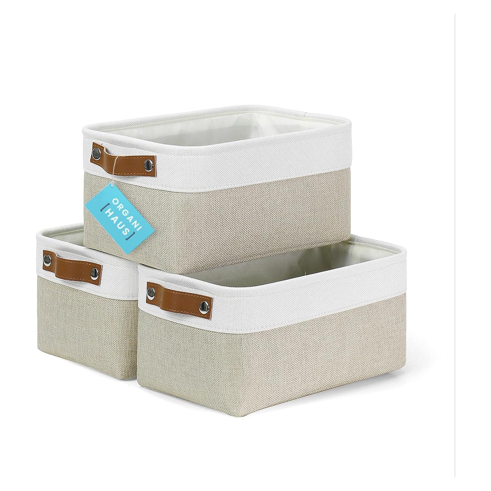 OrganiHaus Small Fabric Storage Baskets for Shelves 3 Pack, 12x8in Closet Storage Bins for Shelves, Cloth Baskets for Organizing, Linen Closet Organizers, Fabric Basket, Beige/White