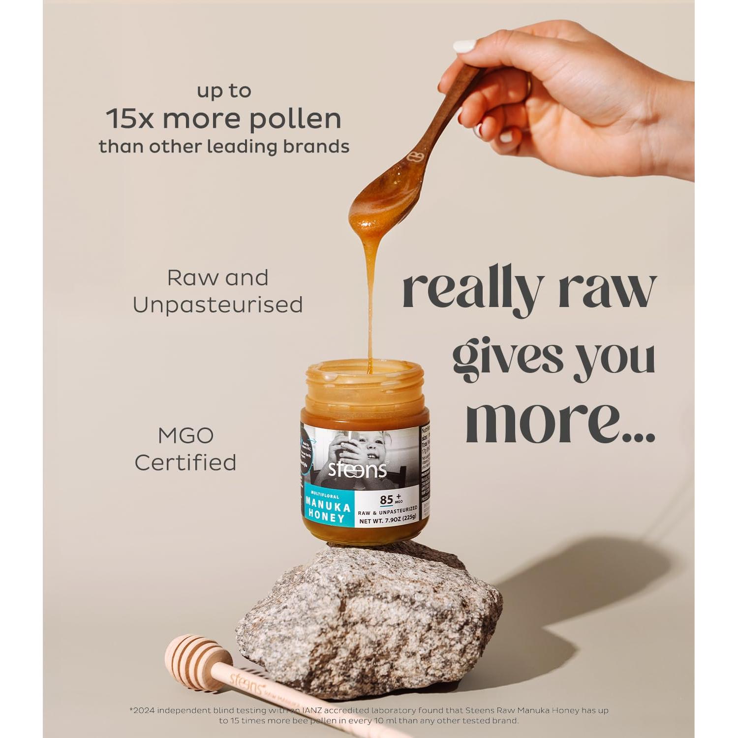 Miel Manuka Steens MGO 85+ Cruda 223.6g Pura y Certificada