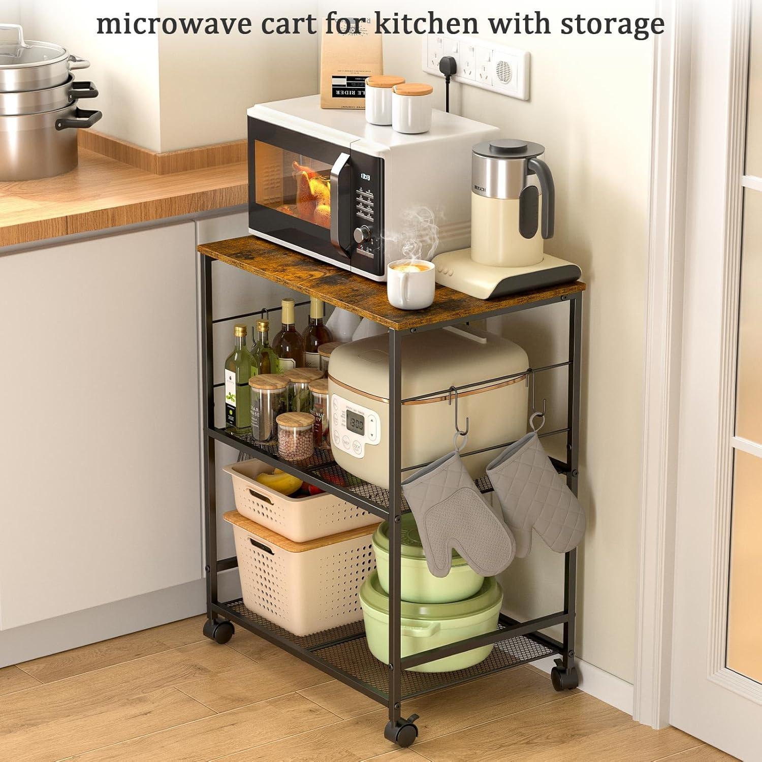 Rolling Kitchen Microwave Cart, 3 Tier Microwave Table Stand with Storage, Kitchen Utility Cart on Lockable Wheels, Small Coffee Cart Shelf Rack Organizer for Living Room Office, Balcony
