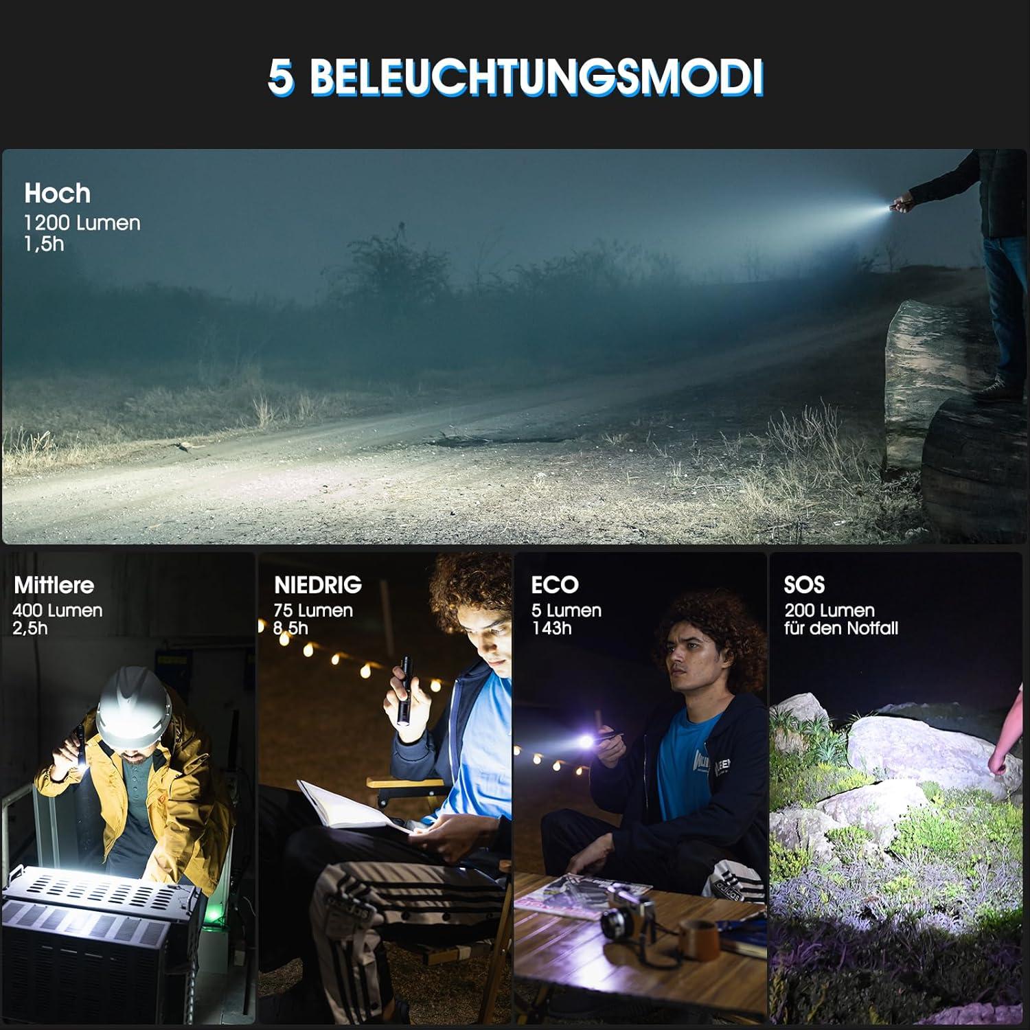 Linterna LED Recargable WUBEN L50 1200 Lúmenes IP68 5 Modos