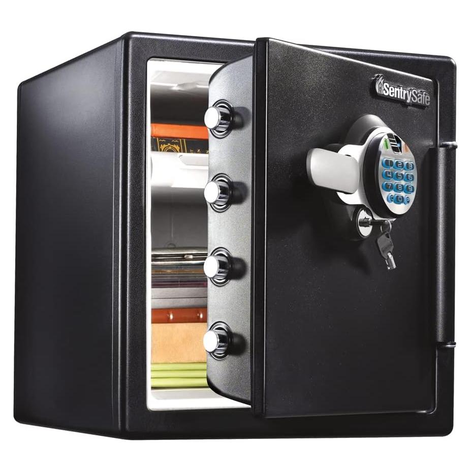 SentrySafe Fireproof and Waterproof Home Safe with Biometric Fingerprint Lock, Keypad, and Key Lock for Securing Money, Jewelry, Documents, 1.23 Cubic Feet, SFW123BTC