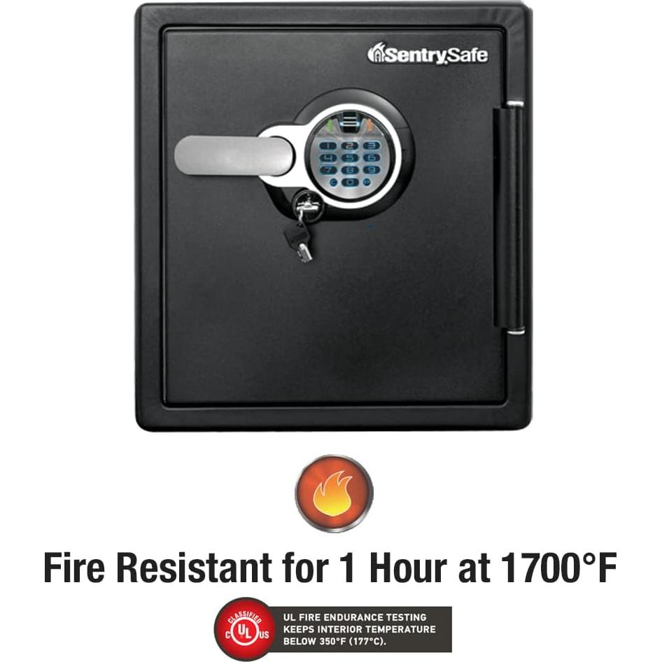 SentrySafe Fireproof and Waterproof Home Safe with Biometric Fingerprint Lock, Keypad, and Key Lock for Securing Money, Jewelry, Documents, 1.23 Cubic Feet, SFW123BTC