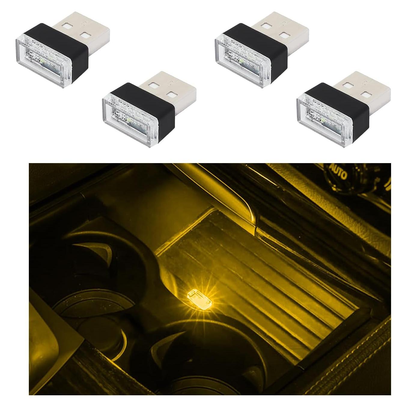 Augeny Lámpara LED de Ambiente Interior para Auto USB 4 Pcs Amarillo