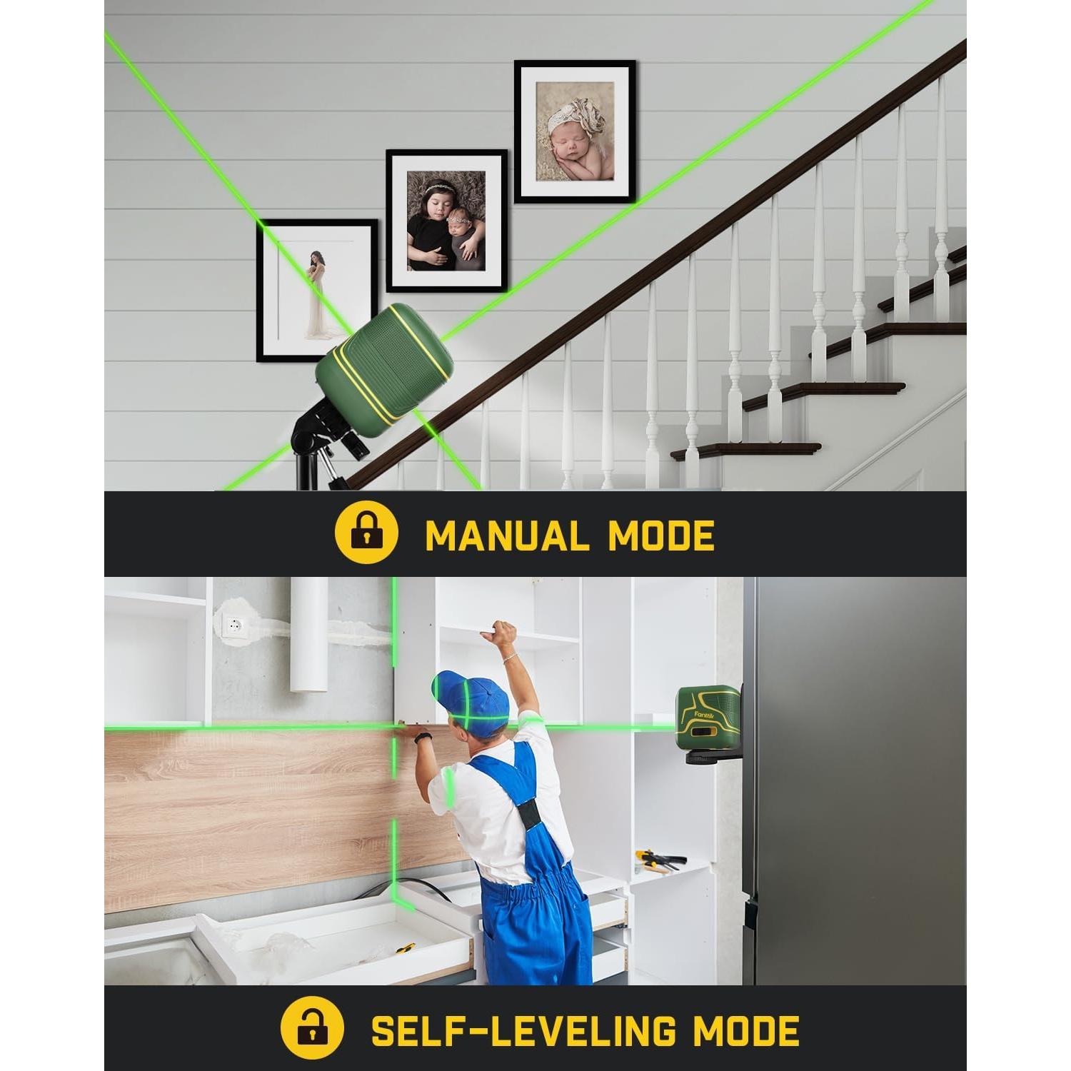 Fanttik D2 Pocket Green Laser Level, 100 ft Self-Leveling Cross Line Laser, Type-C Rechargeable, Rotatable 360 Degree, Pulse Mode, Magnetic Bracket, Carrying Pouch, for Picture Hanging and Home DIY