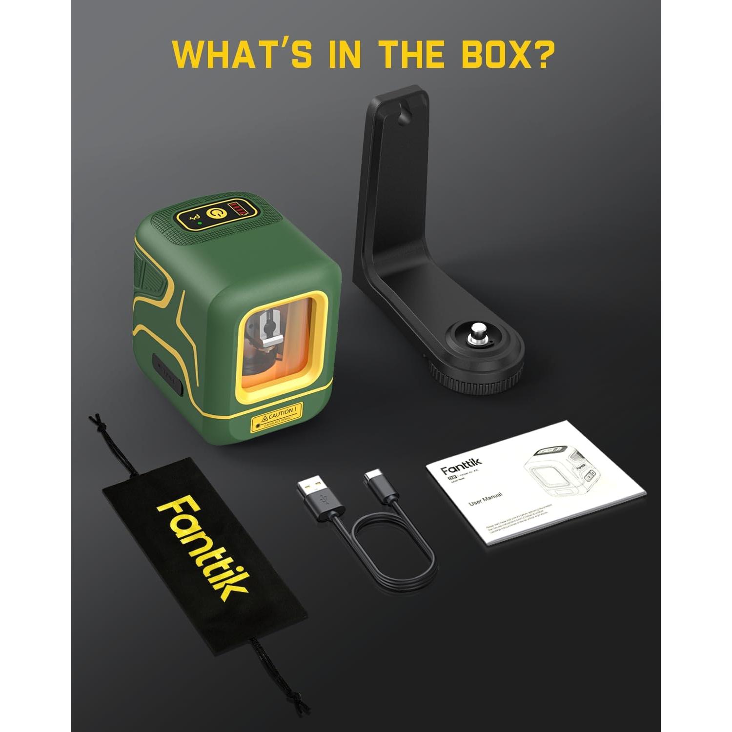 Fanttik D2 Pocket Green Laser Level, 100 ft Self-Leveling Cross Line Laser, Type-C Rechargeable, Rotatable 360 Degree, Pulse Mode, Magnetic Bracket, Carrying Pouch, for Picture Hanging and Home DIY