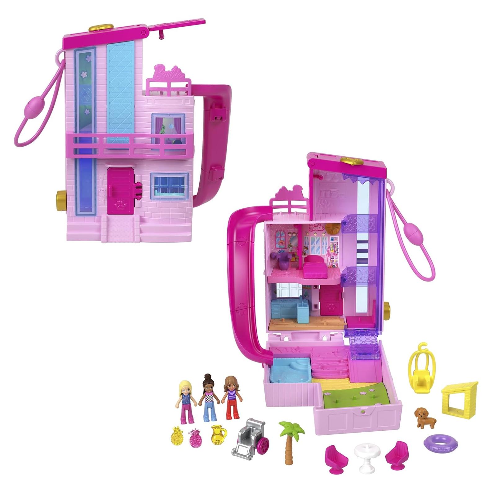 Casa de Ensueño Compacta Polly Pocket Barbie con 3 Muñecas y Accesorios