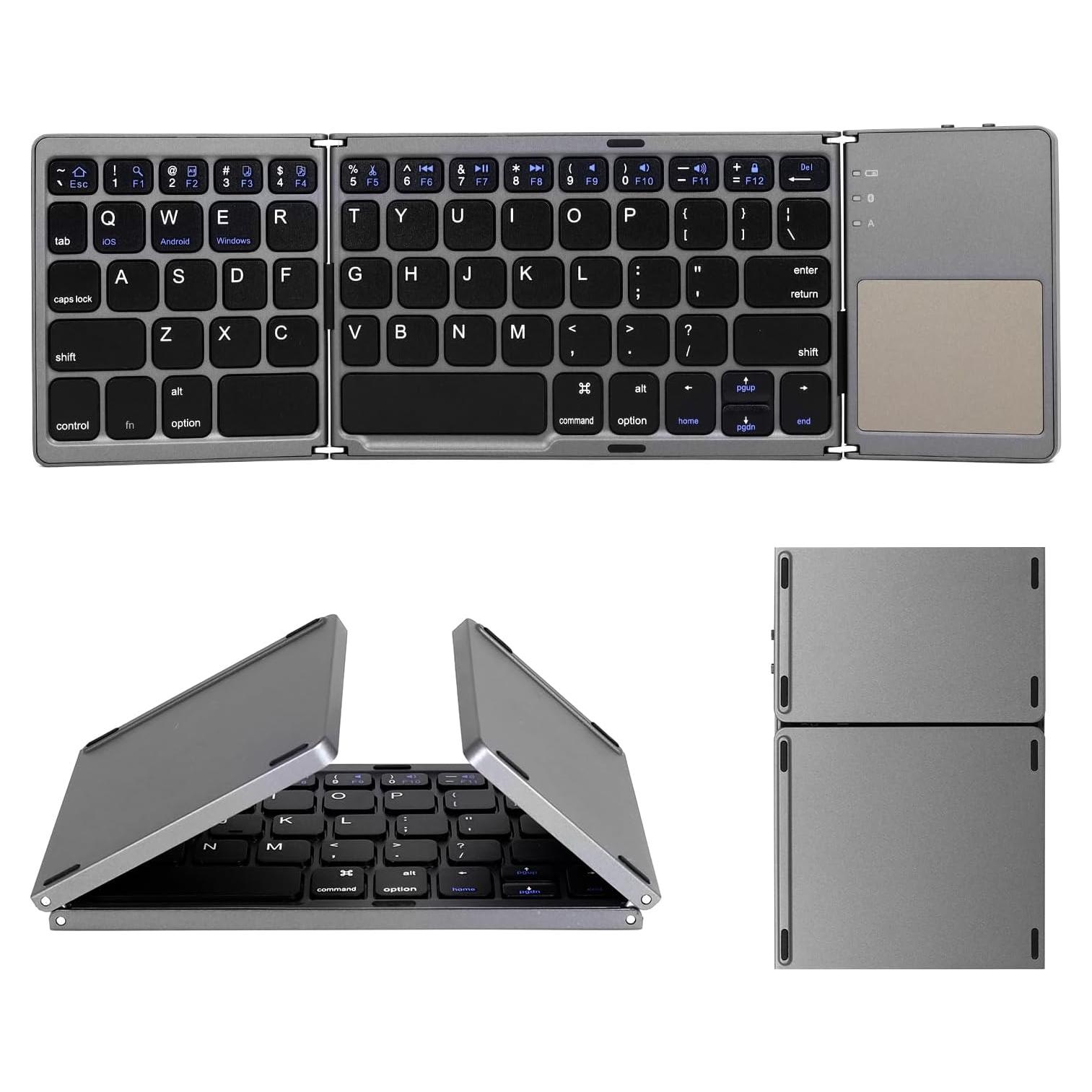 AURTEC Foldable Bluetooth Keyboard with Touchpad, Rechargeable Portable Wireless Mini Keyboard for PC Tablet, Samsung, Android, iOS, Smartphone-Dark Gray