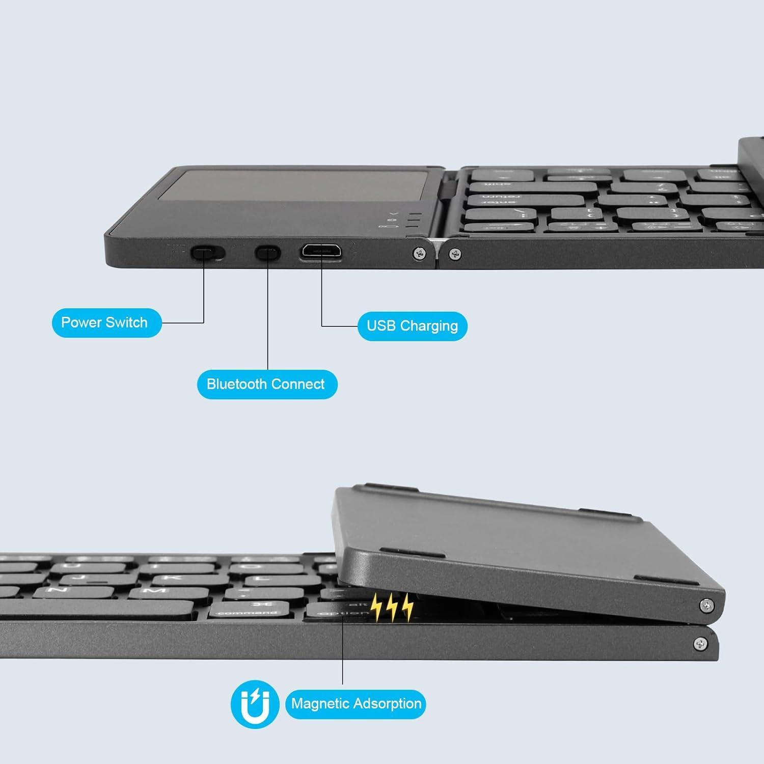 AURTEC Foldable Bluetooth Keyboard with Touchpad, Rechargeable Portable Wireless Mini Keyboard for PC Tablet, Samsung, Android, iOS, Smartphone-Dark Gray