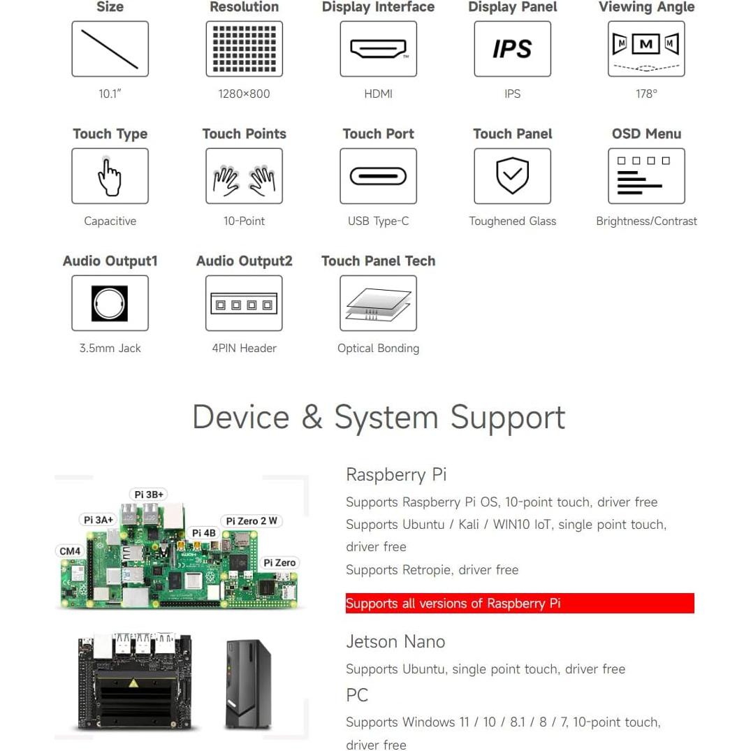 Pantalla LCD Táctil Capacitiva Waveshare 10.1" 1280x800 HDMI