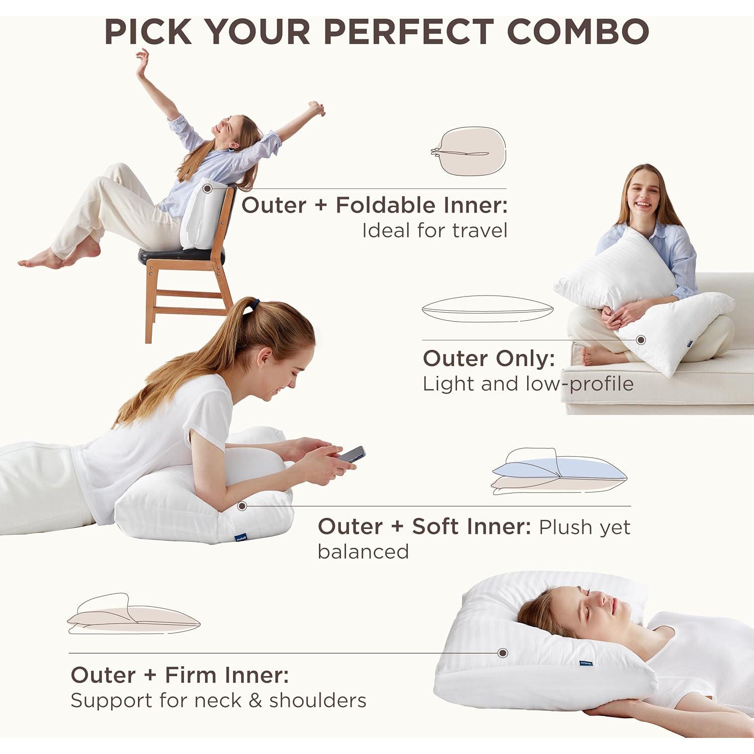 Bedsure Adjustable Layer Bed Pillows for Sleeping - Luxury, Fluffy Queen Pillows Set of 2, Assemblable Firmness & Height with 100% Cotton Cover, Machine Washable for Back, Stomach or Side Sleepers