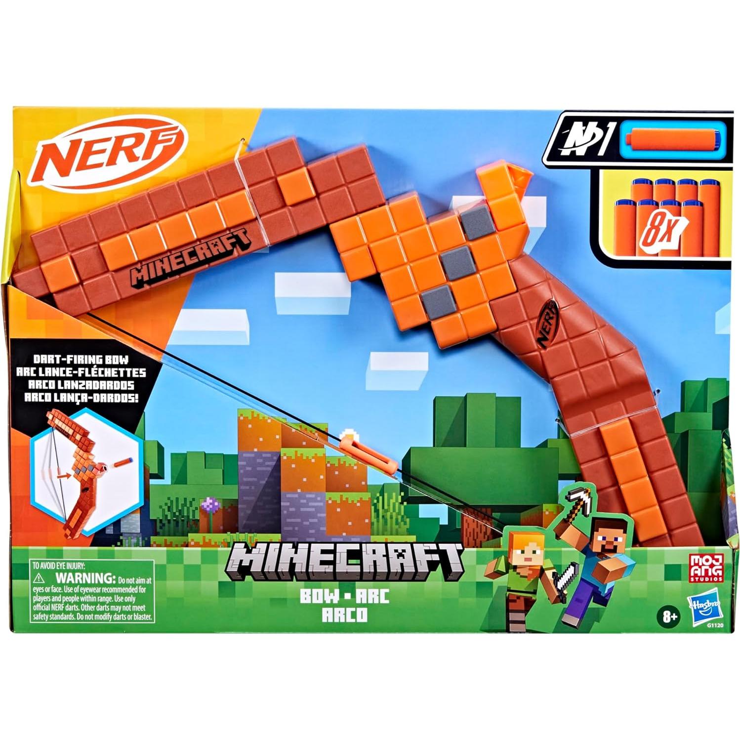 Nerf Minecraft Bow Dart Blaster, Pull-Back String Priming, 8 Nerf N1 Compatible Only with N1 Dart Blasters, Ages 8+
