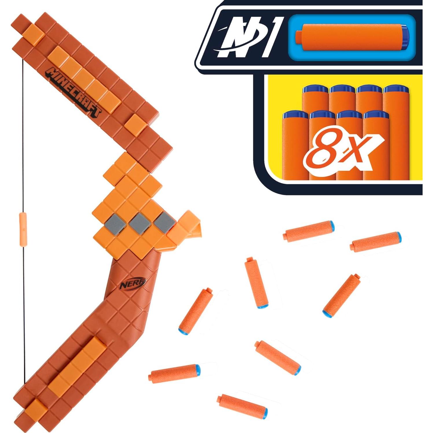 Nerf Minecraft Bow Dart Blaster, Pull-Back String Priming, 8 Nerf N1 Compatible Only with N1 Dart Blasters, Ages 8+